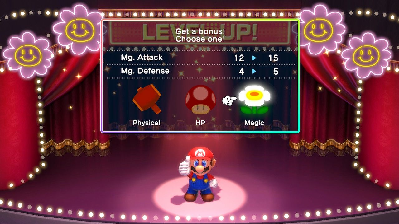 Mario leveling up and having a nice stat bonus for Magic in Super Mario RPG.
