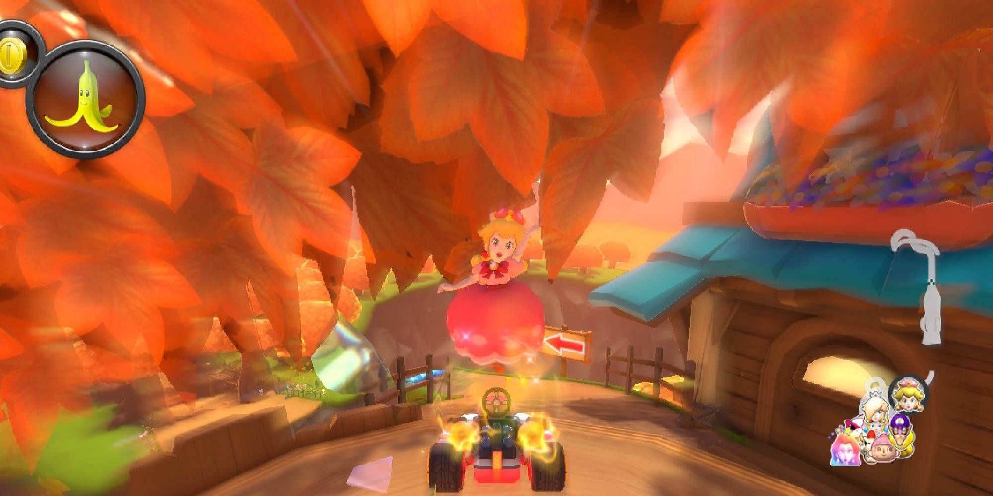 peachette tricking surrounded by autumnal leaves and cottage in maple treeway wii mario kart 8 deluxe