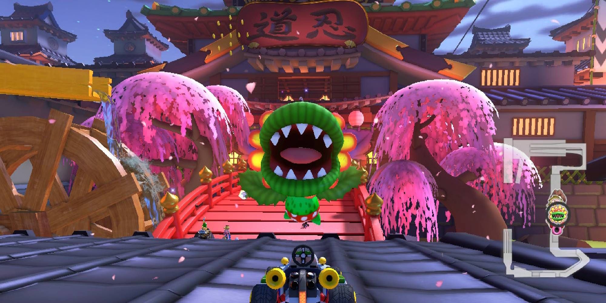 petey piranha facing camera tricking in ninja hideaway tour before bridge mario kart 8 deluxe