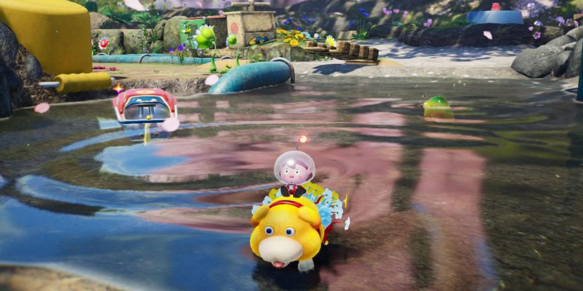 Pikmin 4: Using The Pooch To Cross A Hazardous Water Trap