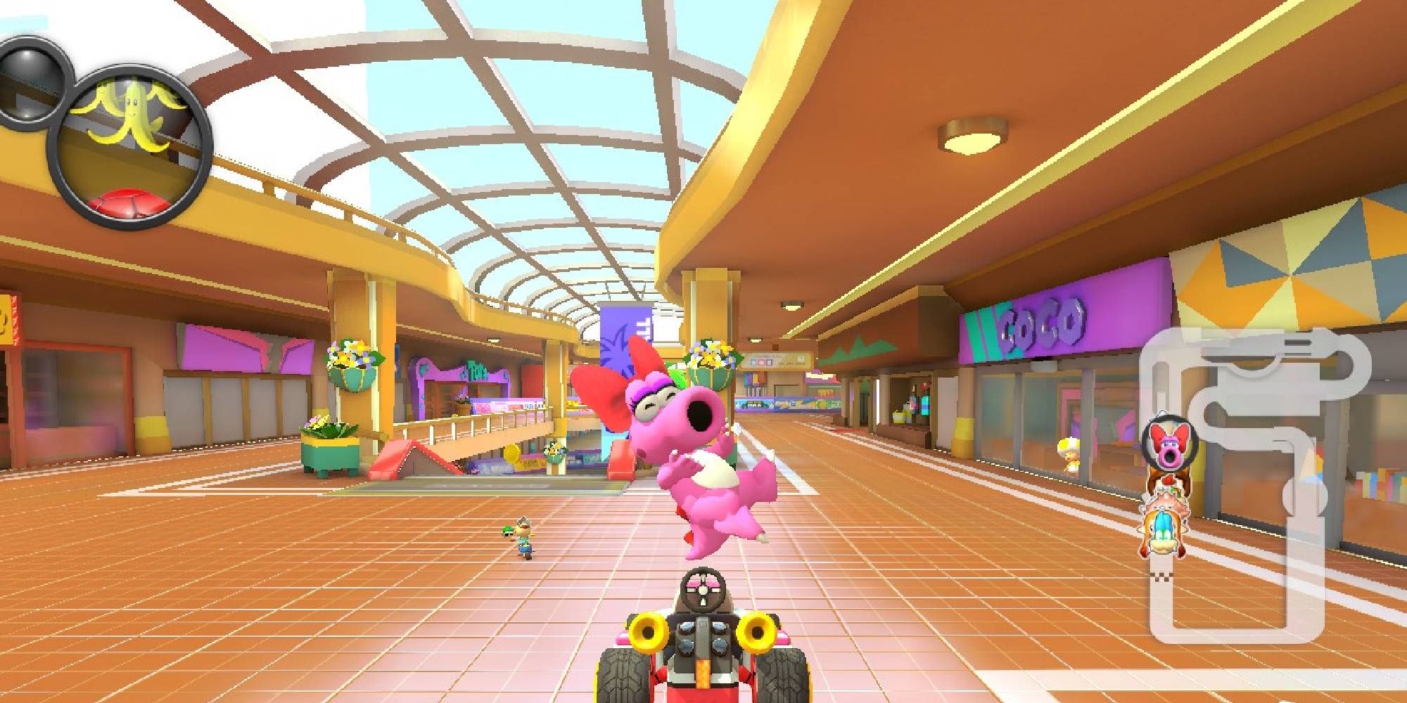 pink birdo tricking amongst shops in coconut mall wii mario kart 8 deluxe