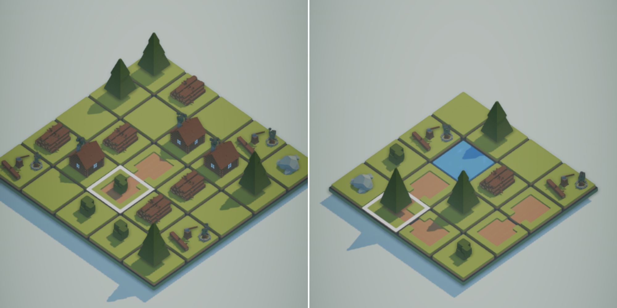 Placing down hedges onto the grid and a different map with a pond in Teeny Tiny Town