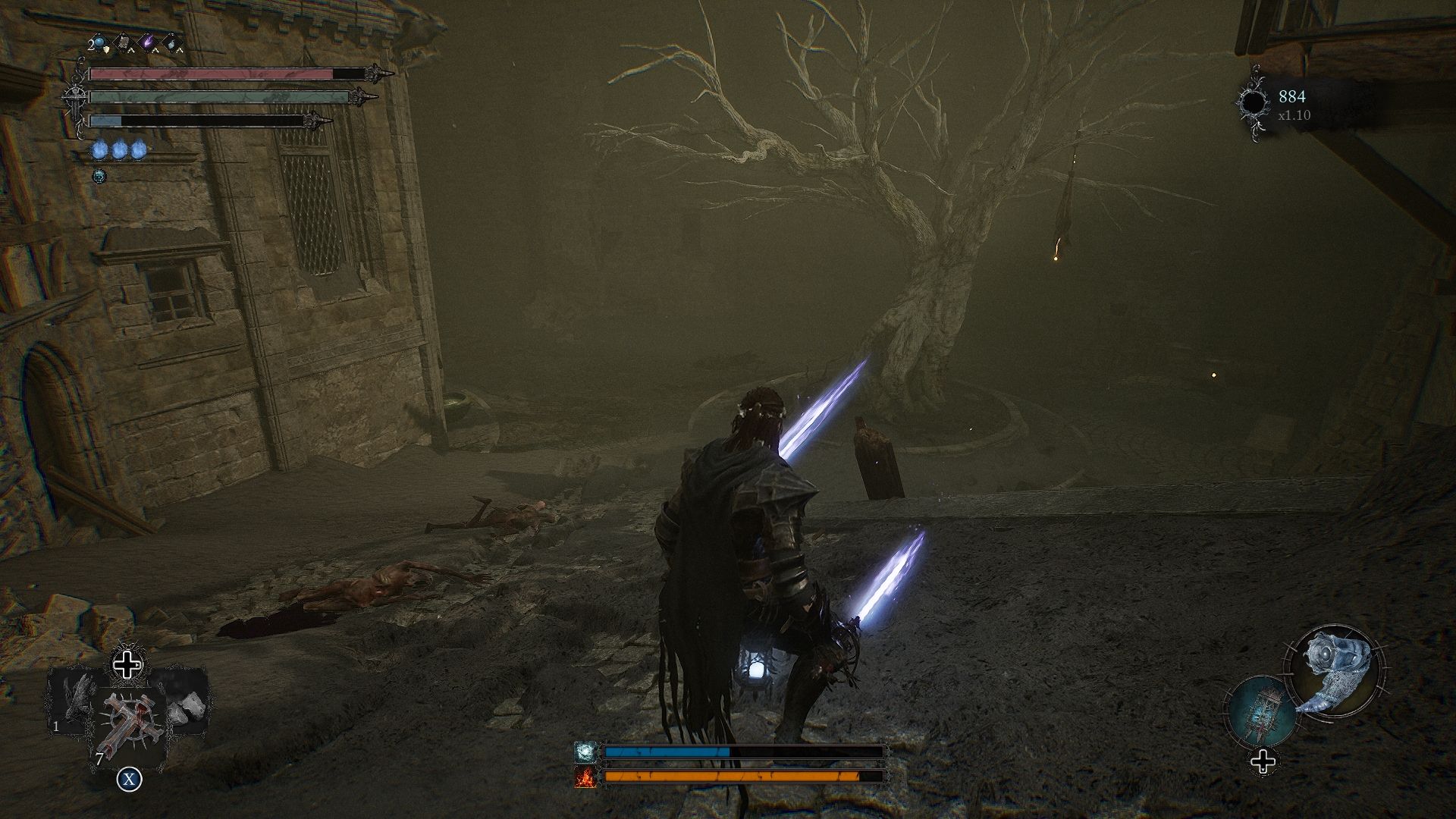 Spieler steht auf einer offenen Fläche mit einem Baum in der Mitte. Lords of the Fallen
