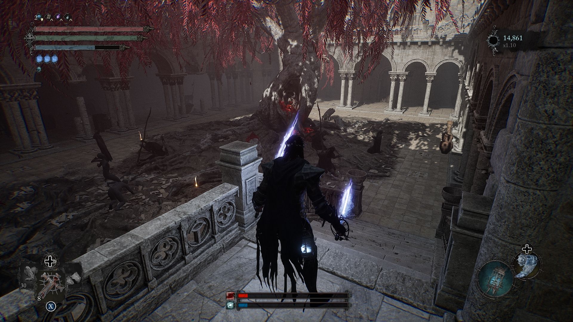 Player standing in an open area with many enemies and a tree in the middle Lords of the Fallen