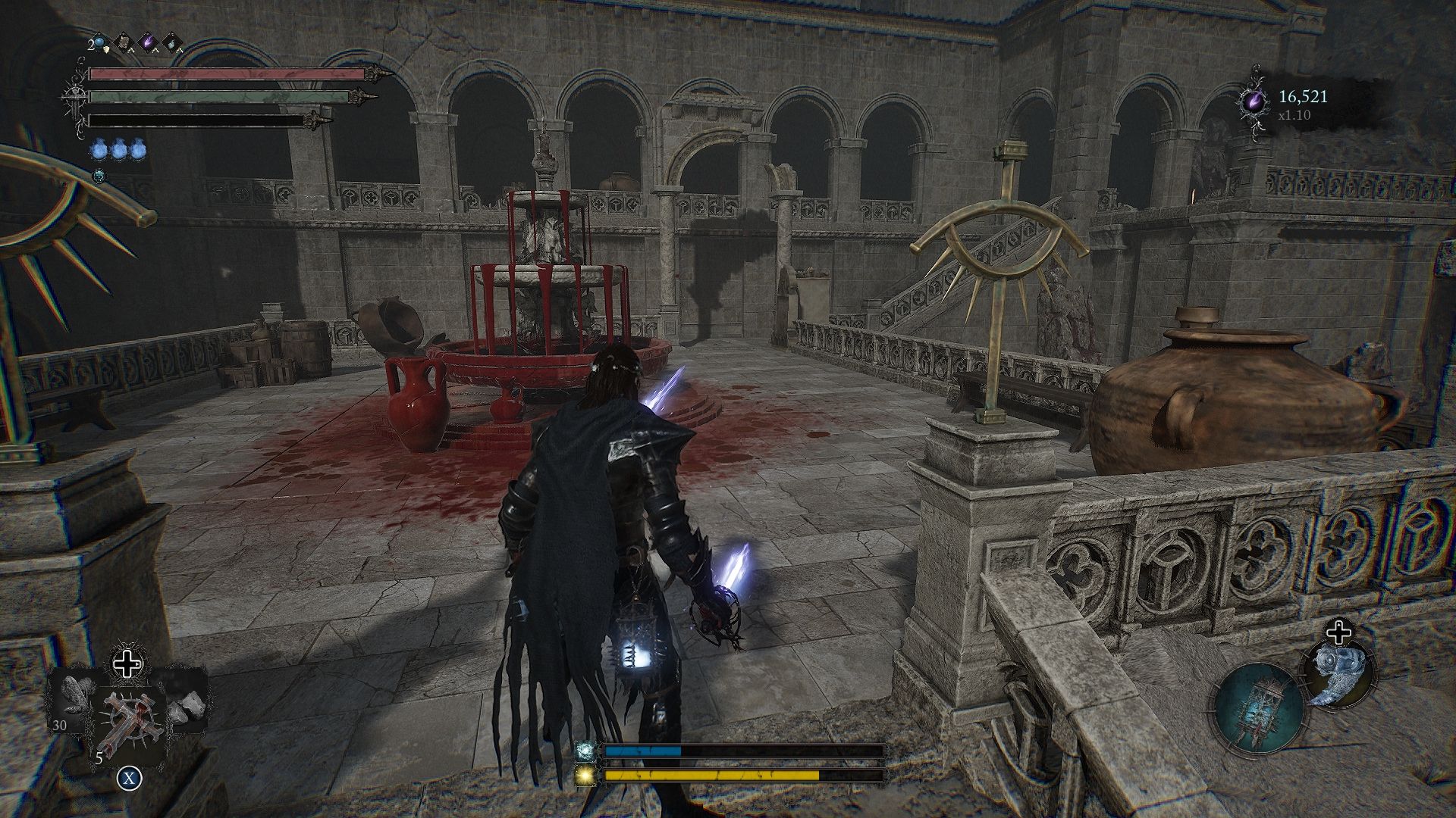 Player standing near a fountain and there are stairs to the right leading to a hallway Lords of the Fallen