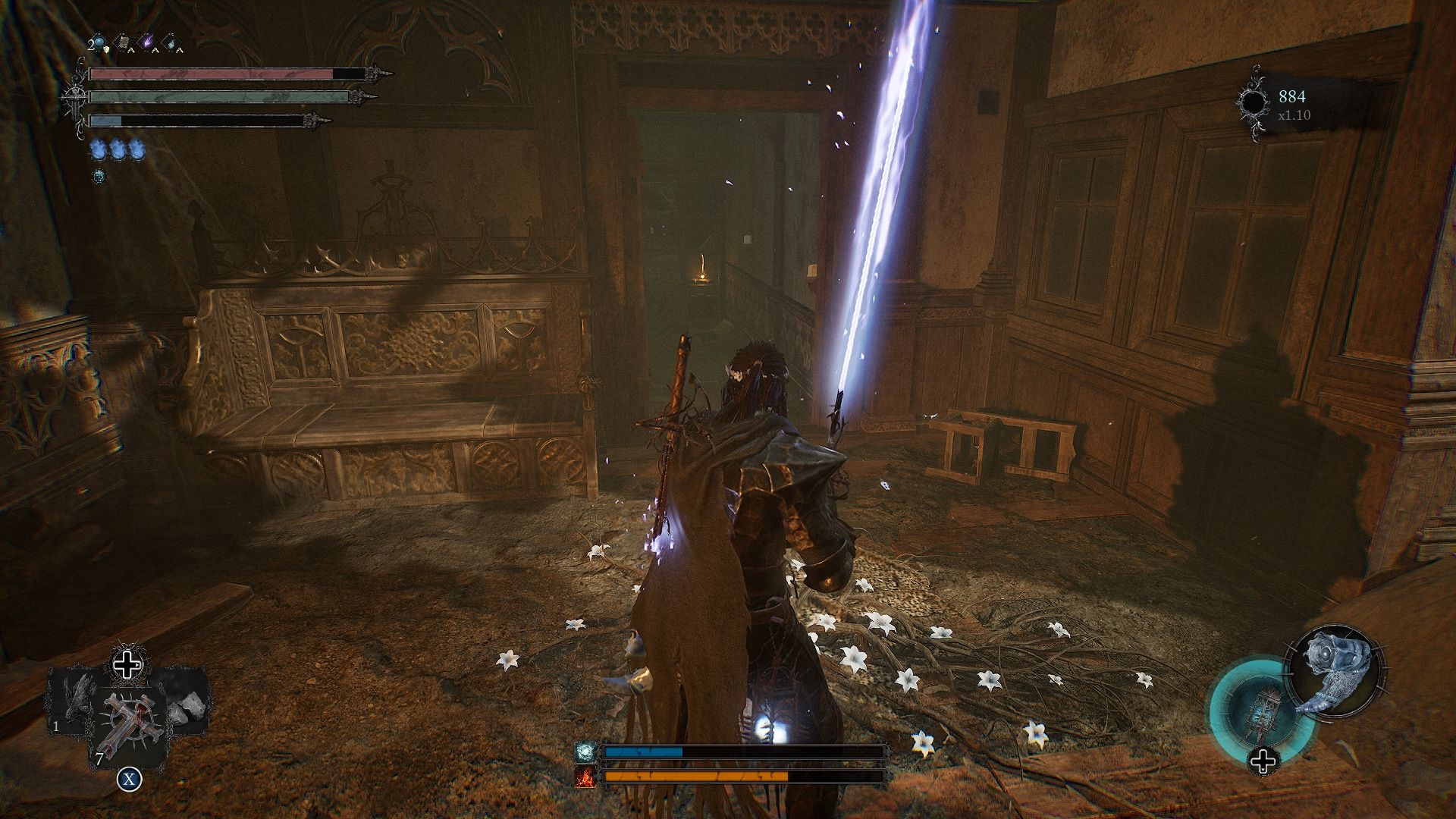 Der Spieler steht in der Nähe eines Umbral-Blumenbeets und blickt direkt auf eine Beute vor sich, die Adyrs Autorität Lords of the Fallen enthält 