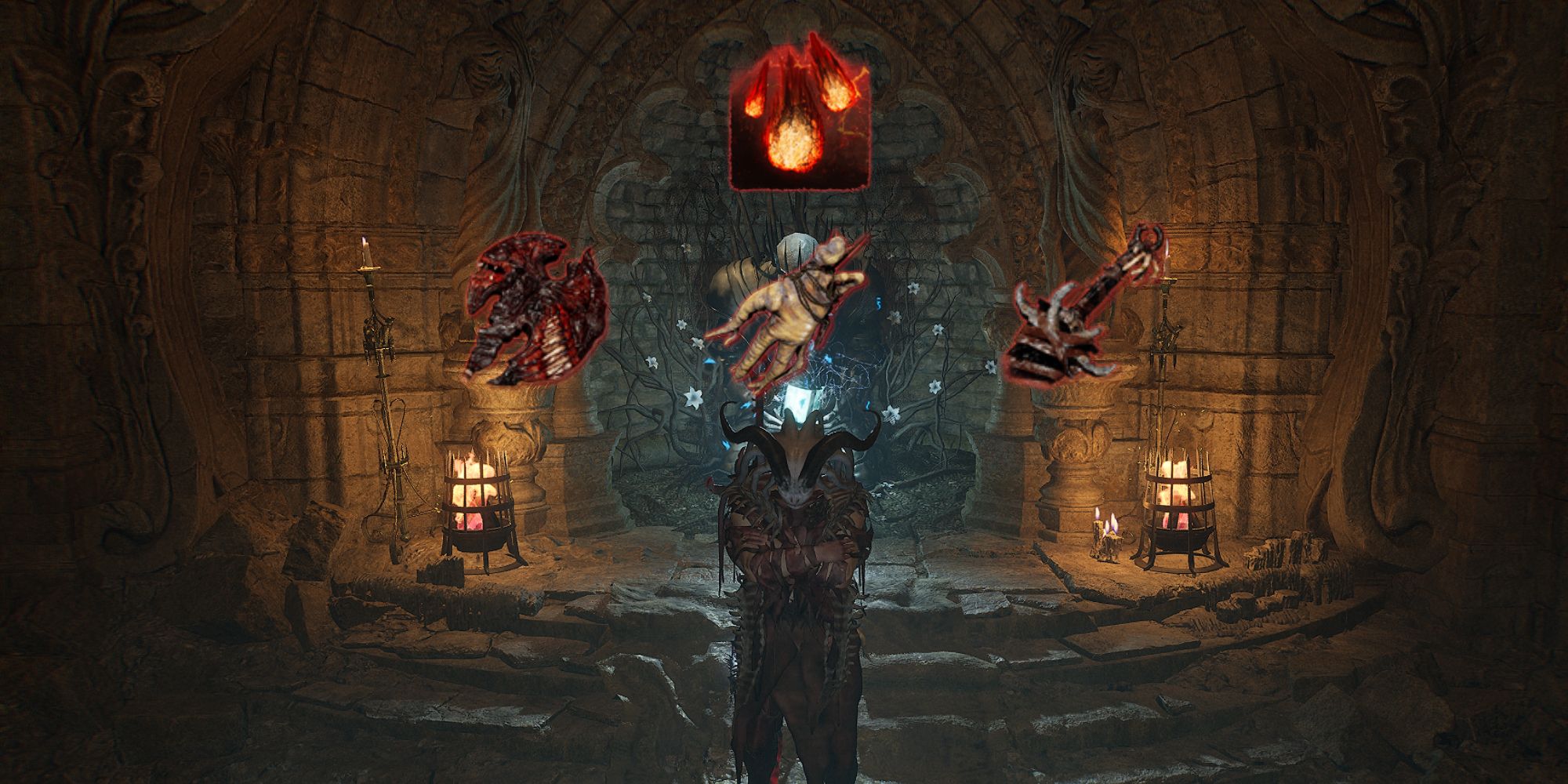 Player standing near the Vestige. On top, there are four icons: Grinning Axe, Fallen Lord's Sword, Cataclysm spell, and Queen Sophesia's Catalyst Lords of the Fallen