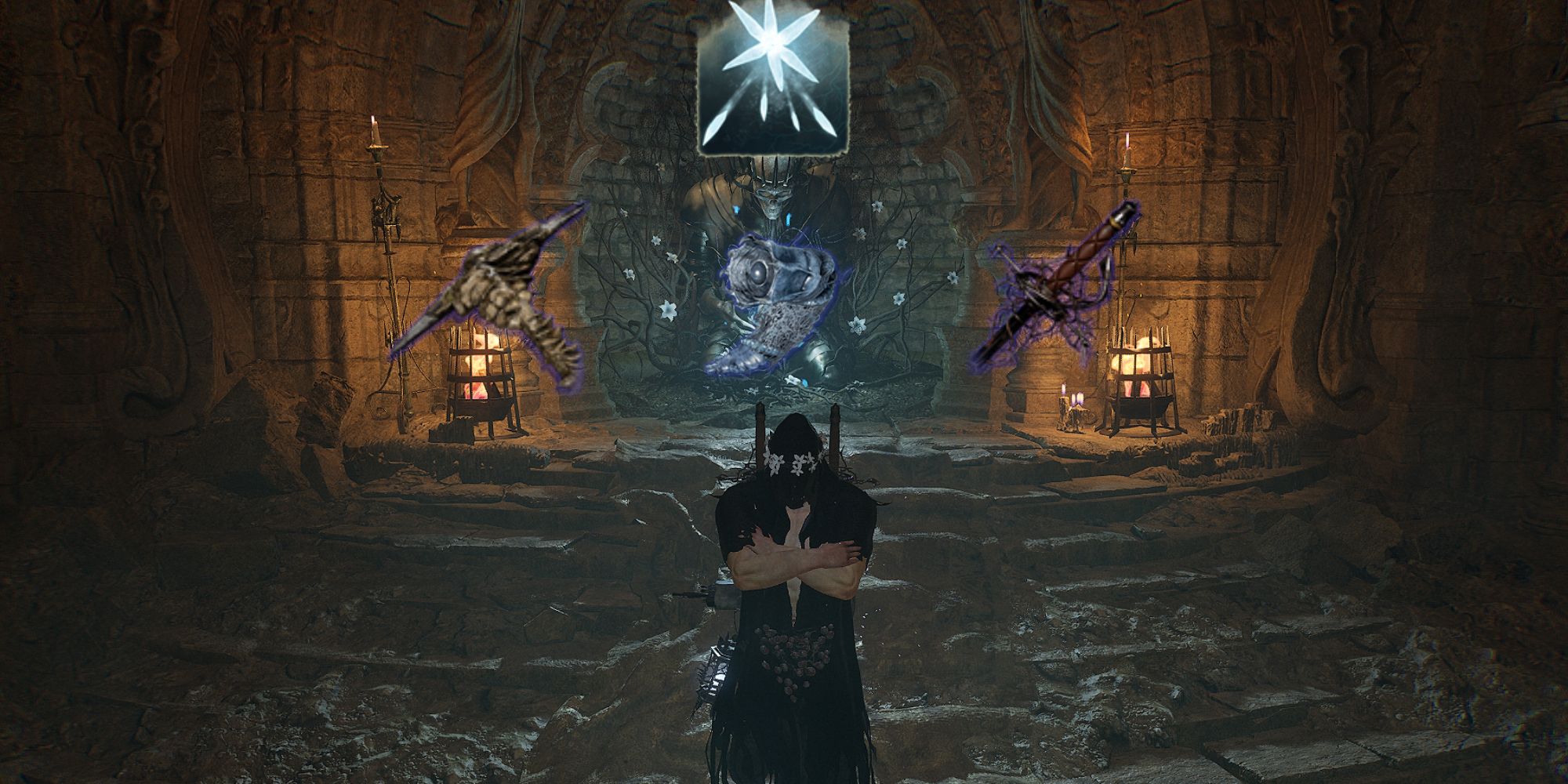 Player standing near the Vestige. On top, there are four icons: the Grieving Gaze, Fungus-Encrusted Pickaxe, Elianne The Starved's Sword and Lost Berescu's Catalyst Lords of the Fallen