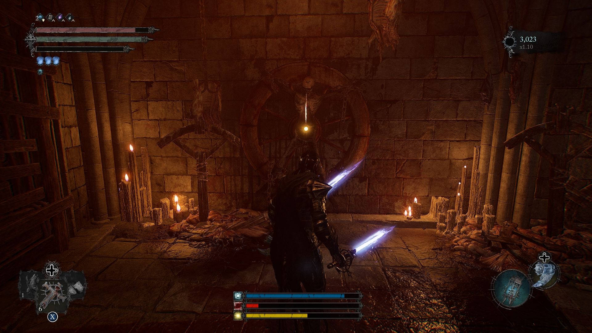 Der Spieler steht neben einer Beute in der Wand, in der sich der höllische Wächter Lords of the Fallen befindet