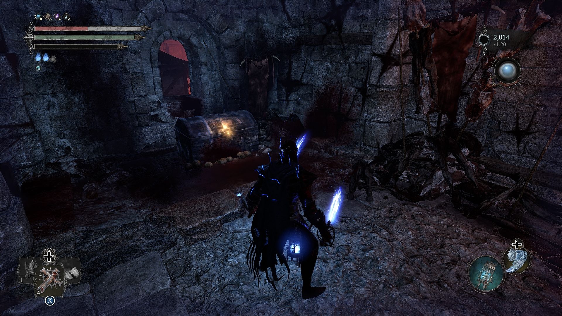 Der Spieler steht neben der Truhe, die den Lava Burst-Zauber „Lords of the Fallen“ enthält