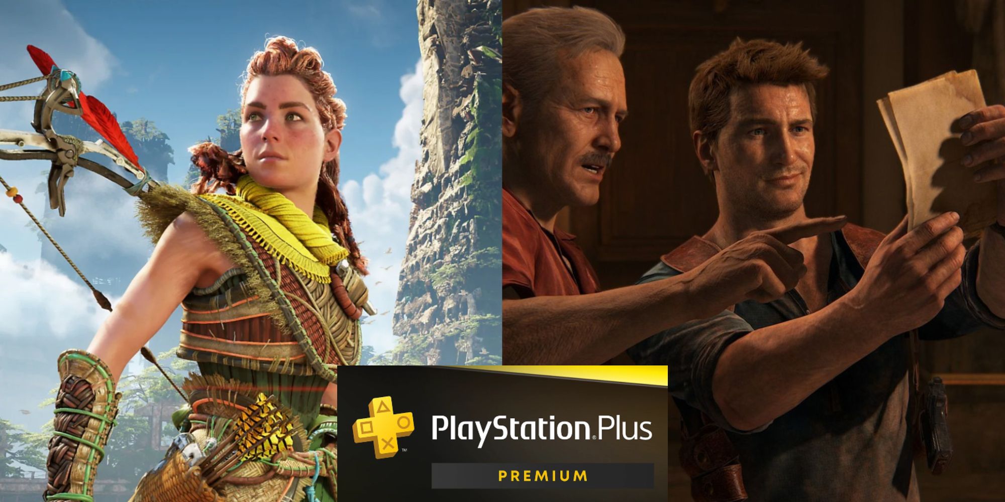 PlayStation Plus Featured Split Image Of Horizon and Uncharted With PlayStation Plus Logo In Middle