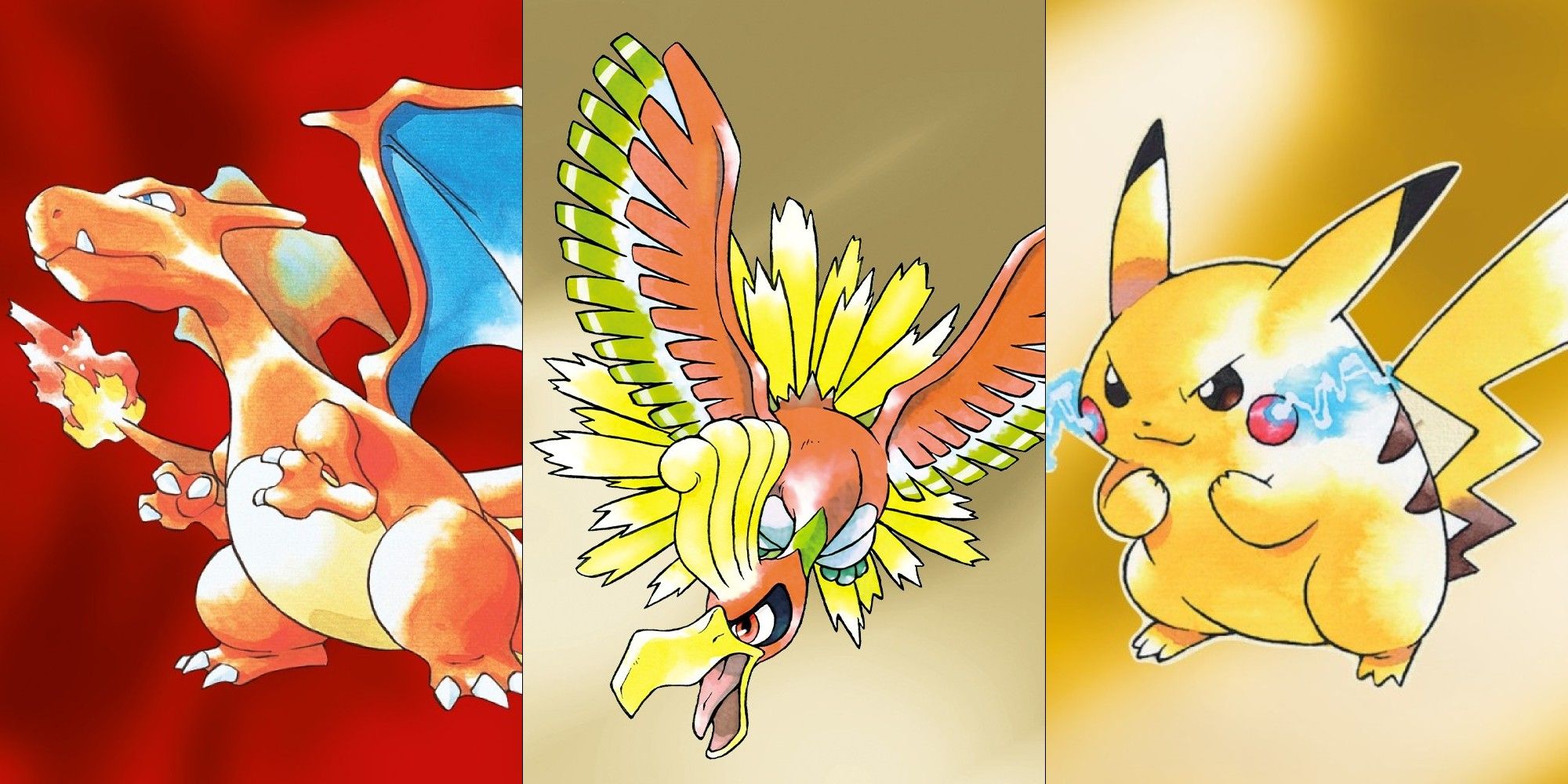 A split image featuring box art from Pokemon FireRed, Gold, and Yellow