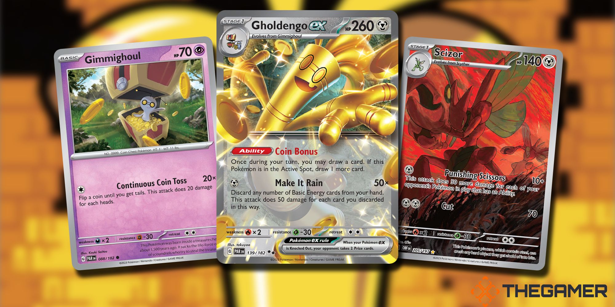 Pokemon TCG Gimmighoul, Gholdengo Ex, and Scizor Cards