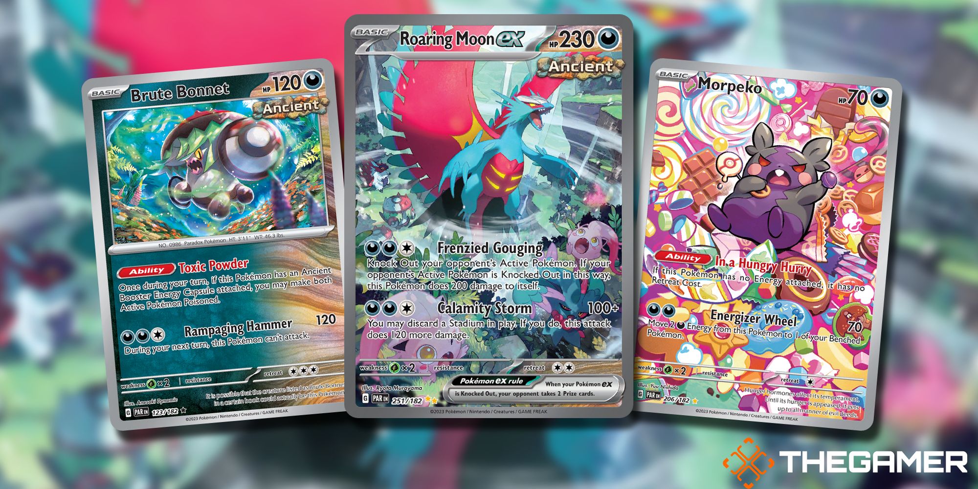 Collage image of the Pokemon TCG showing Roaring Moon, Brute Bonnet, and Morpeko Cards
