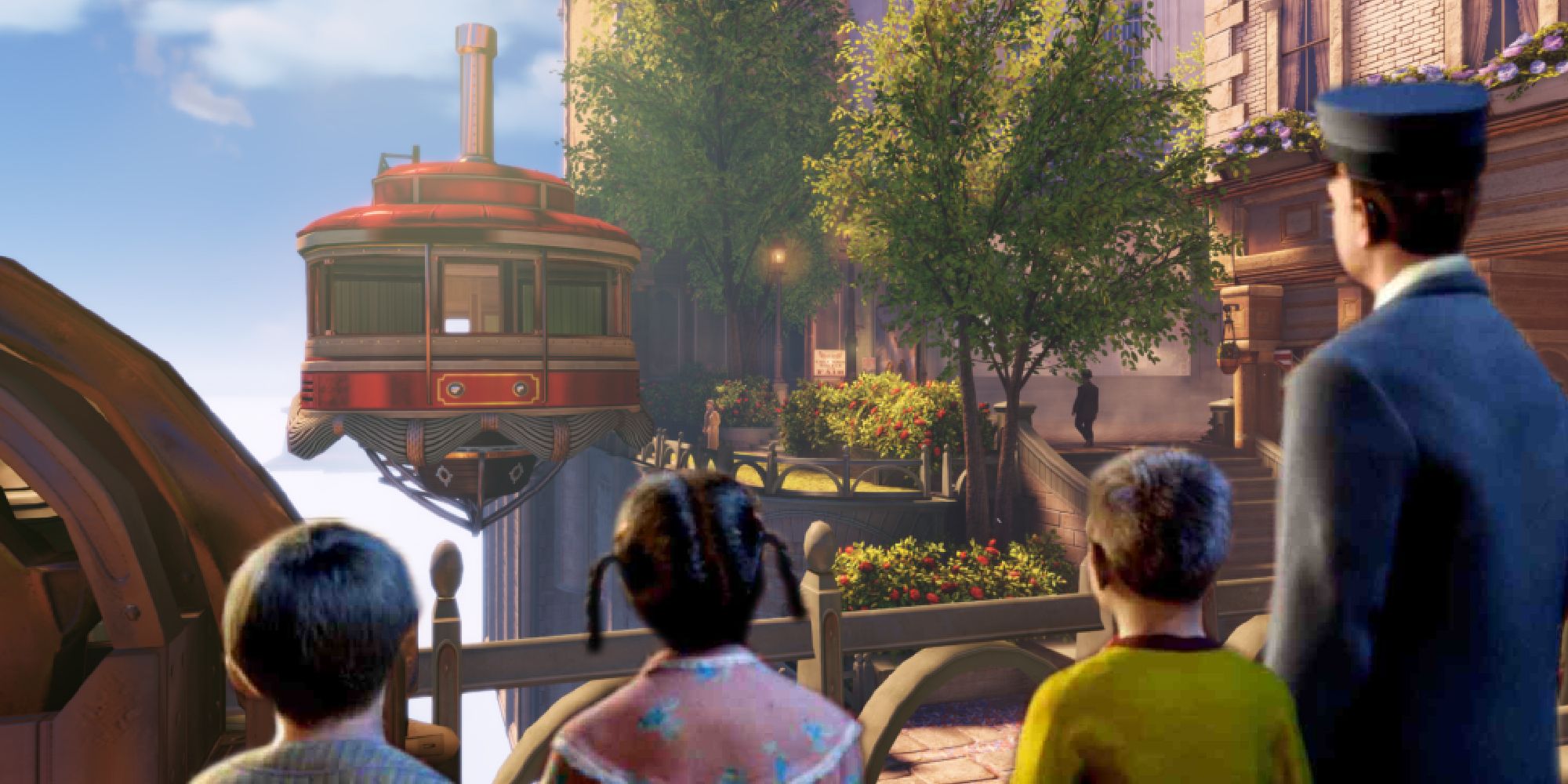 The cast of The Polar Express looking at BioShock Infinite's Columbia