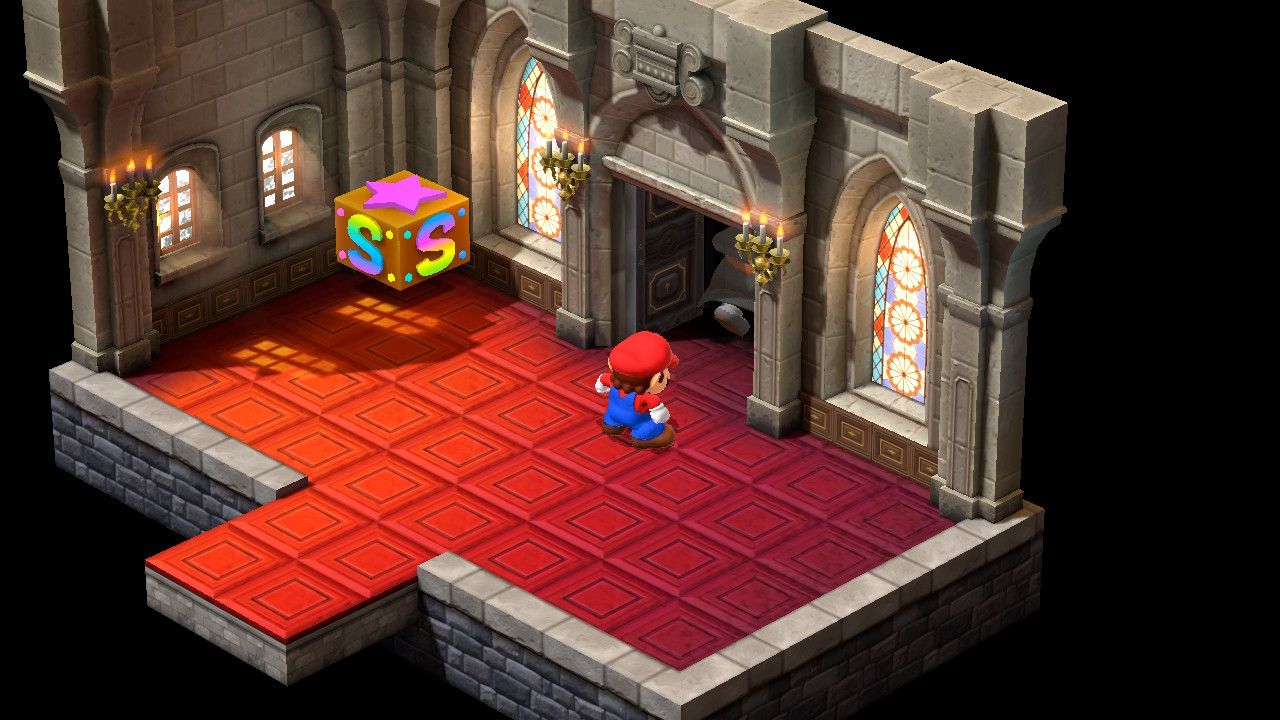 Mario standing outside of the lobby leading to Marrymore Chapel in Super Mario RPG.