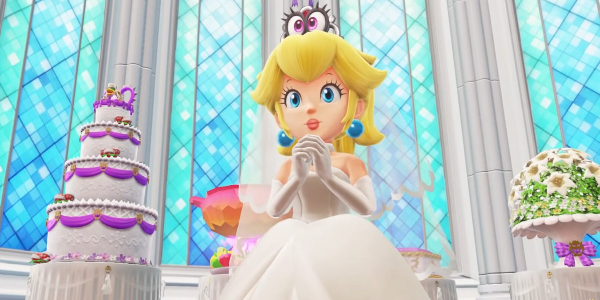 Princess Peach in a wedding dress in Super Mario Odyssey.