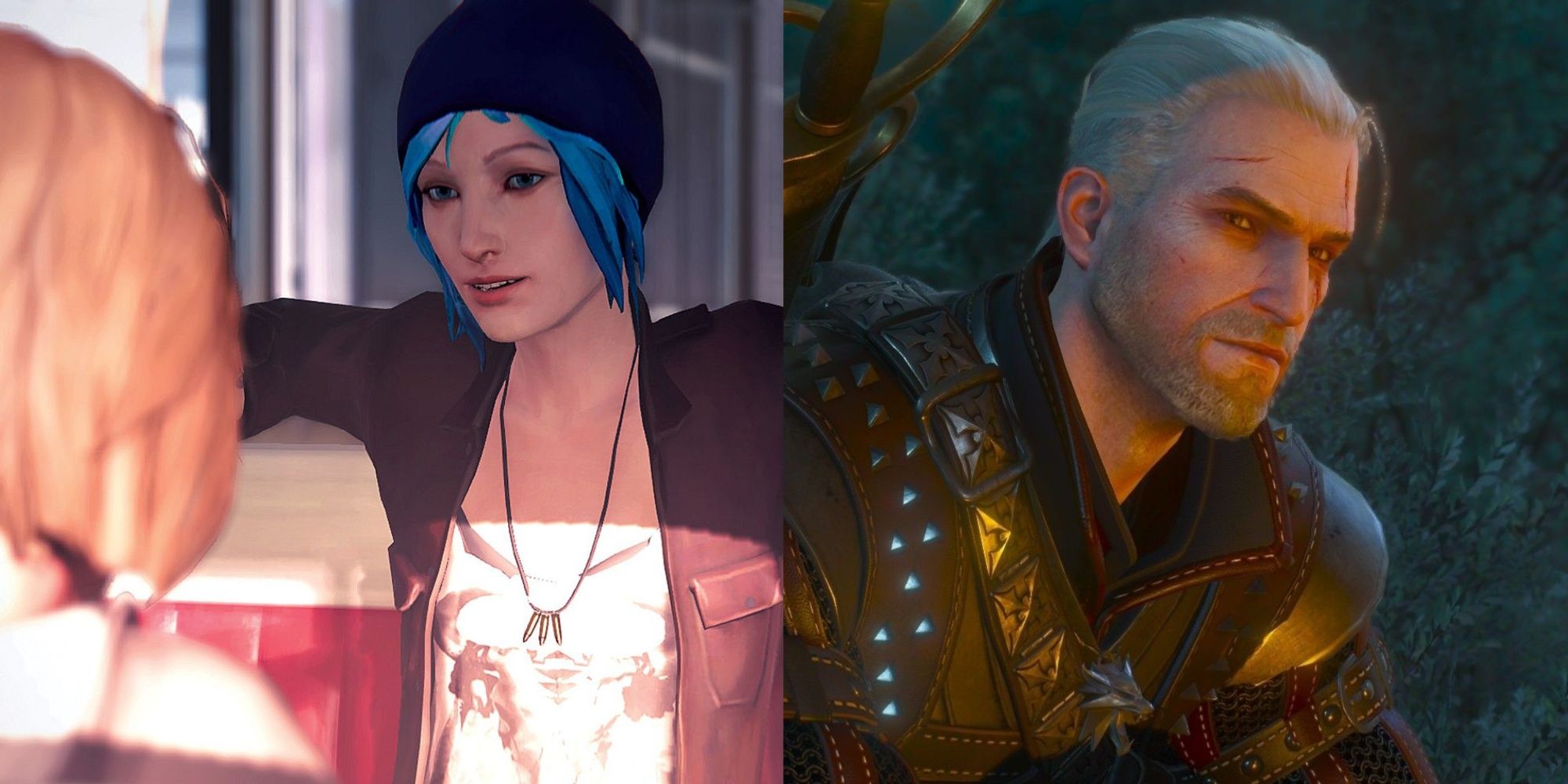 PS4 Games With The Best Storylines Featured Split Image Of Chloe From Life Is Strange and Geralt From the Witcher 3