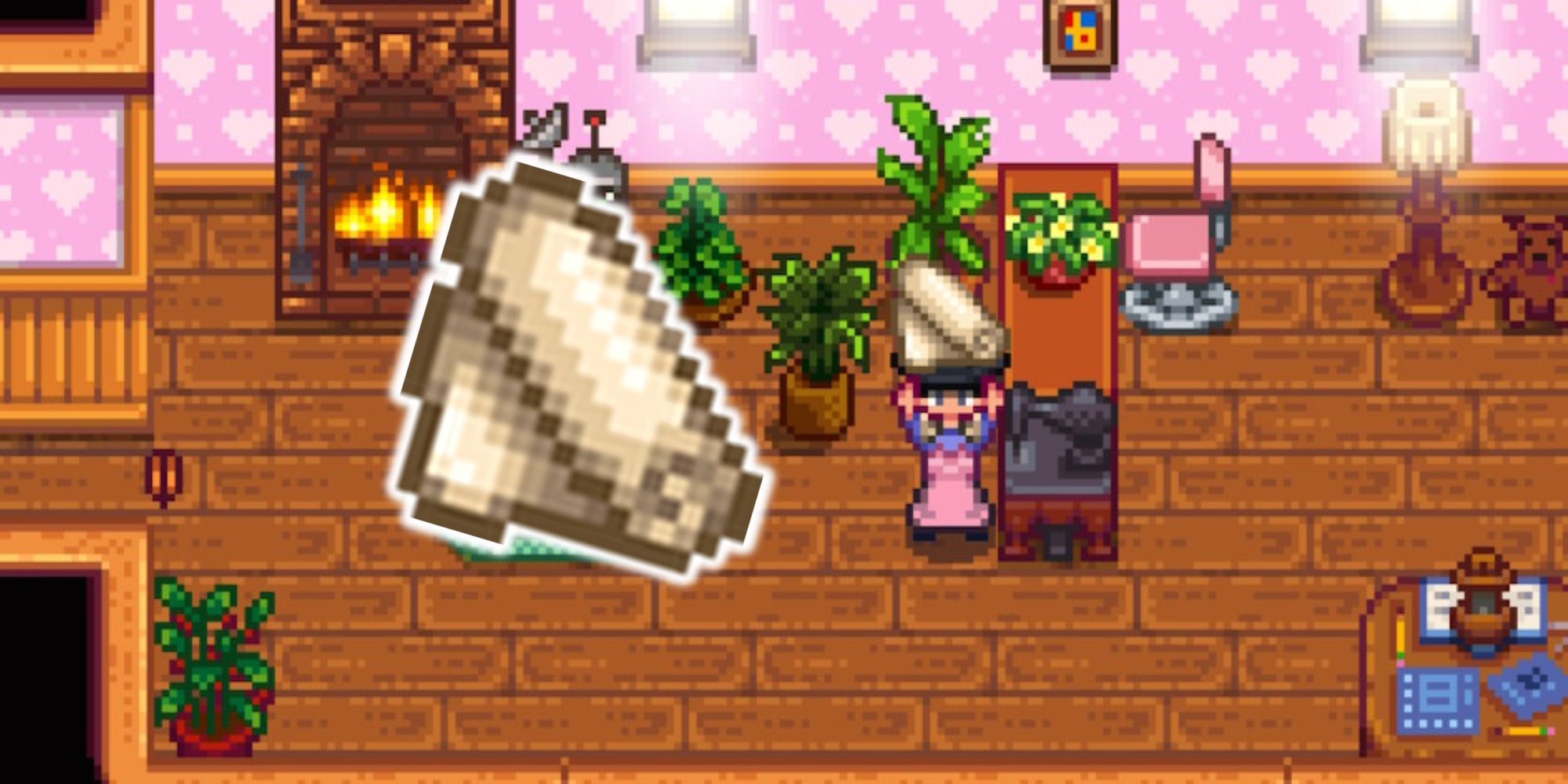 Stardew Valley player holding cloth in their farmhouse with a floating cloth graphic to the left