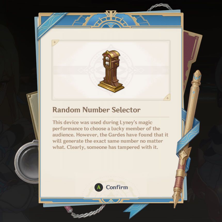 An image depicting a notebook page with key information about the Random Number Selector, a clue in Lyney's case in Genshin Impact.