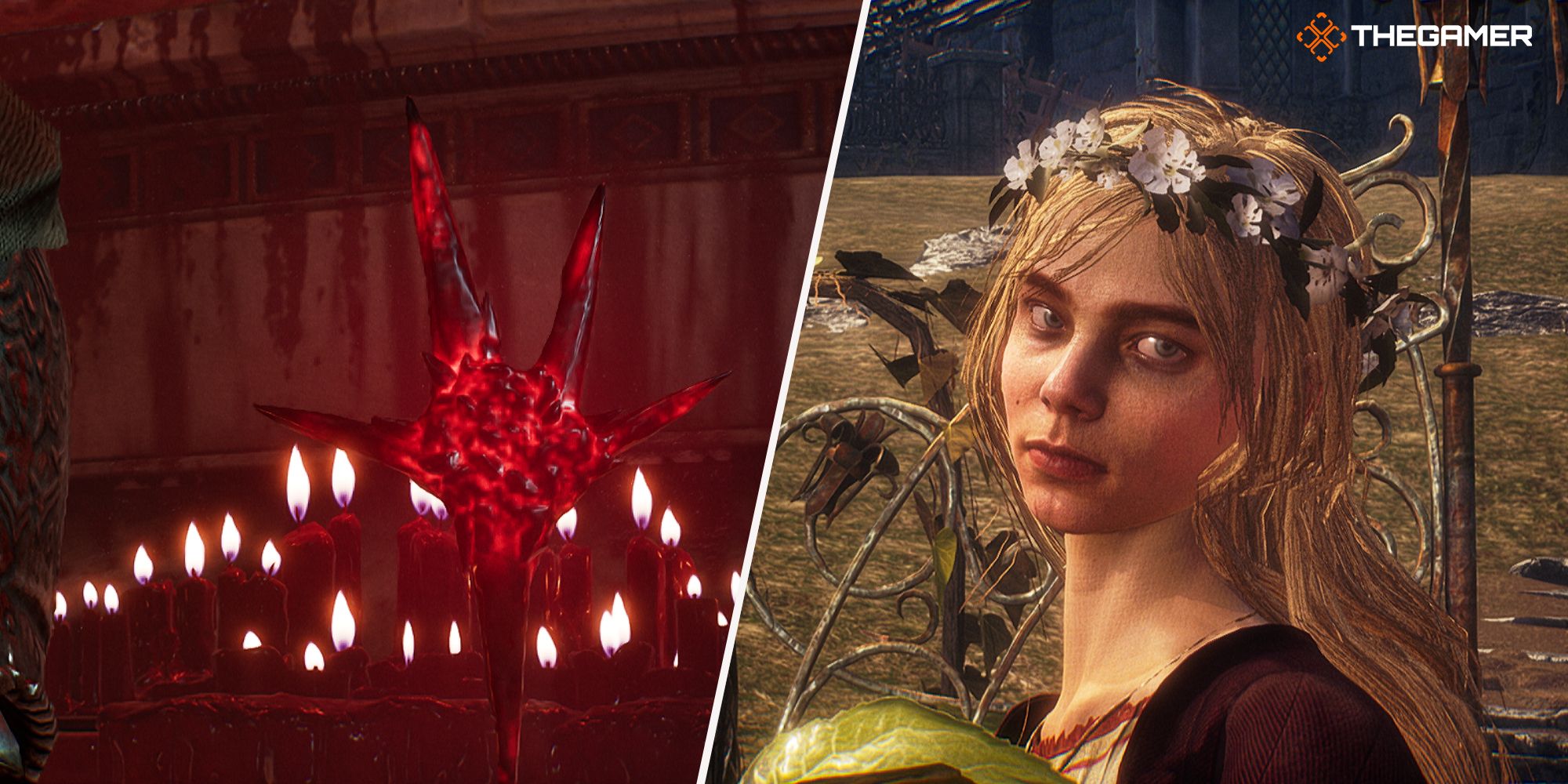 Left: a picture of the Rune of Adyr - Right: A picture of Iselle looking at you Lords of the Fallen