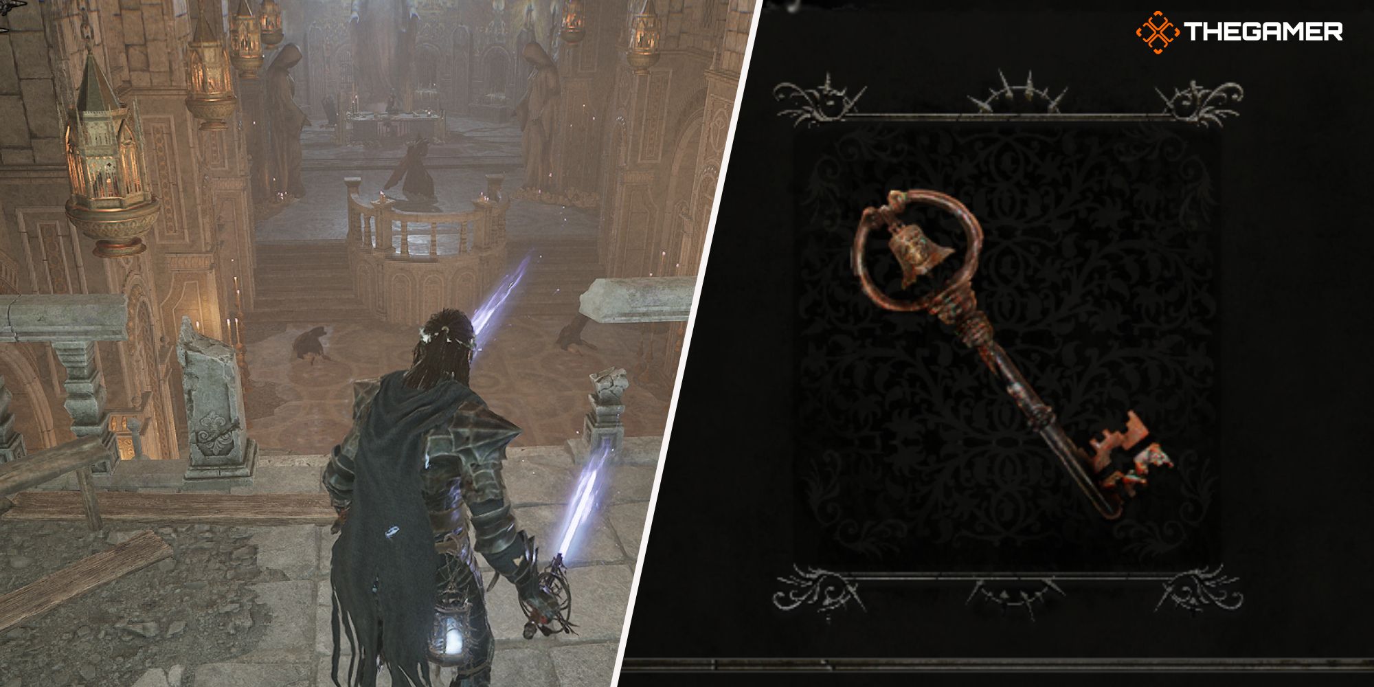 Right: Abbot Vernoff's Key item icon - Lef: Player standing at the altar location where the Abbot Vernoff's Key is Lords of the Fallen