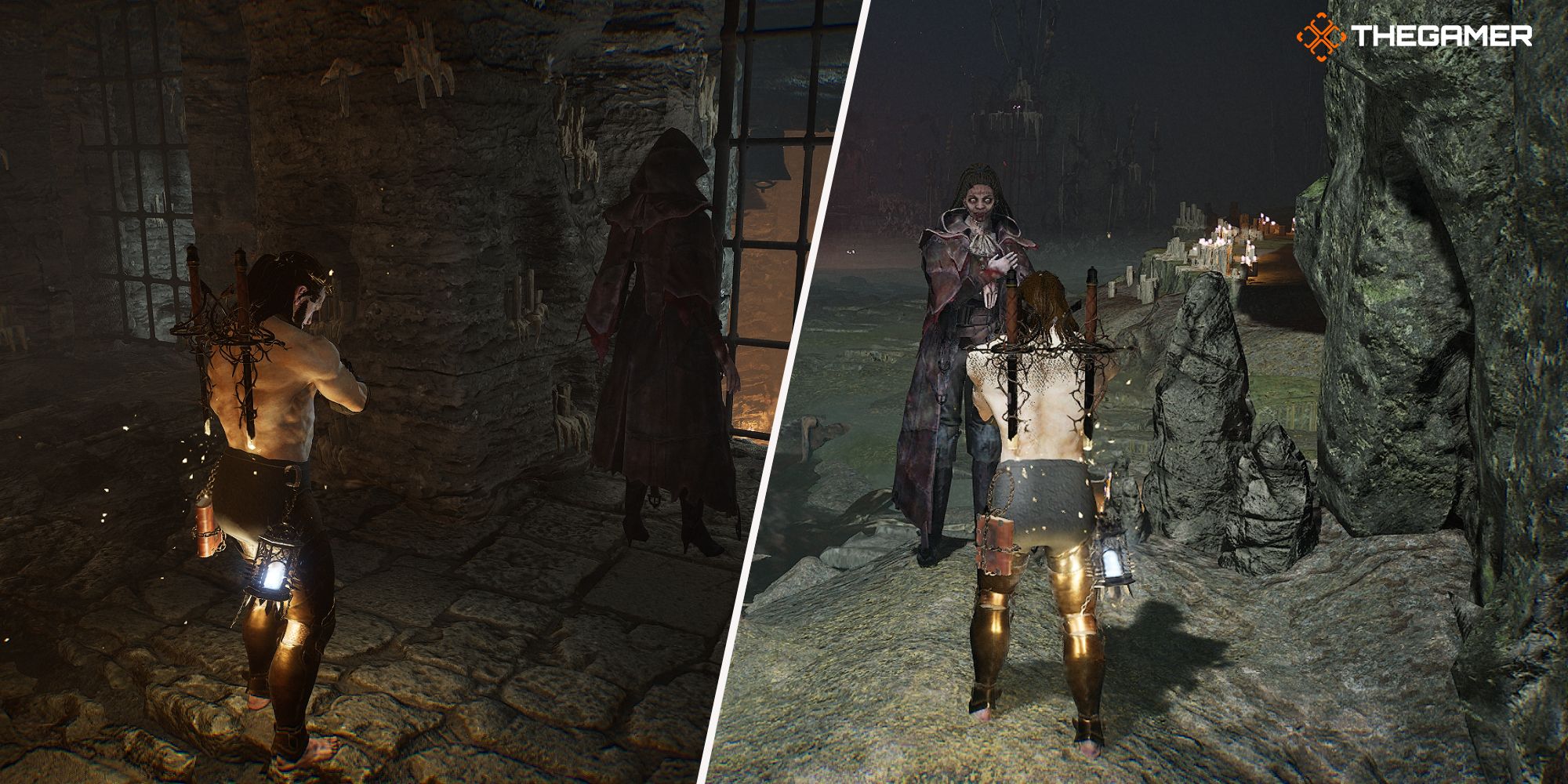 Right: Player standing next to Damarose at the Shrine of Adyr - Left: Player standing next to Damarose at Pilgrim's Perch Lords of the Fallen