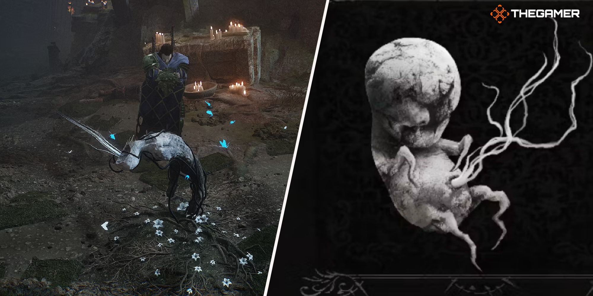 Right: Vestige Seed icon - Left: Player standing next to a Vestige Seedling Lords of the Fallen