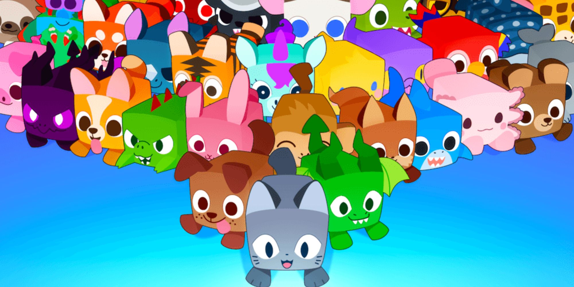 the official promo image for pet simulator 99, featuring a large group of pets led by a cat