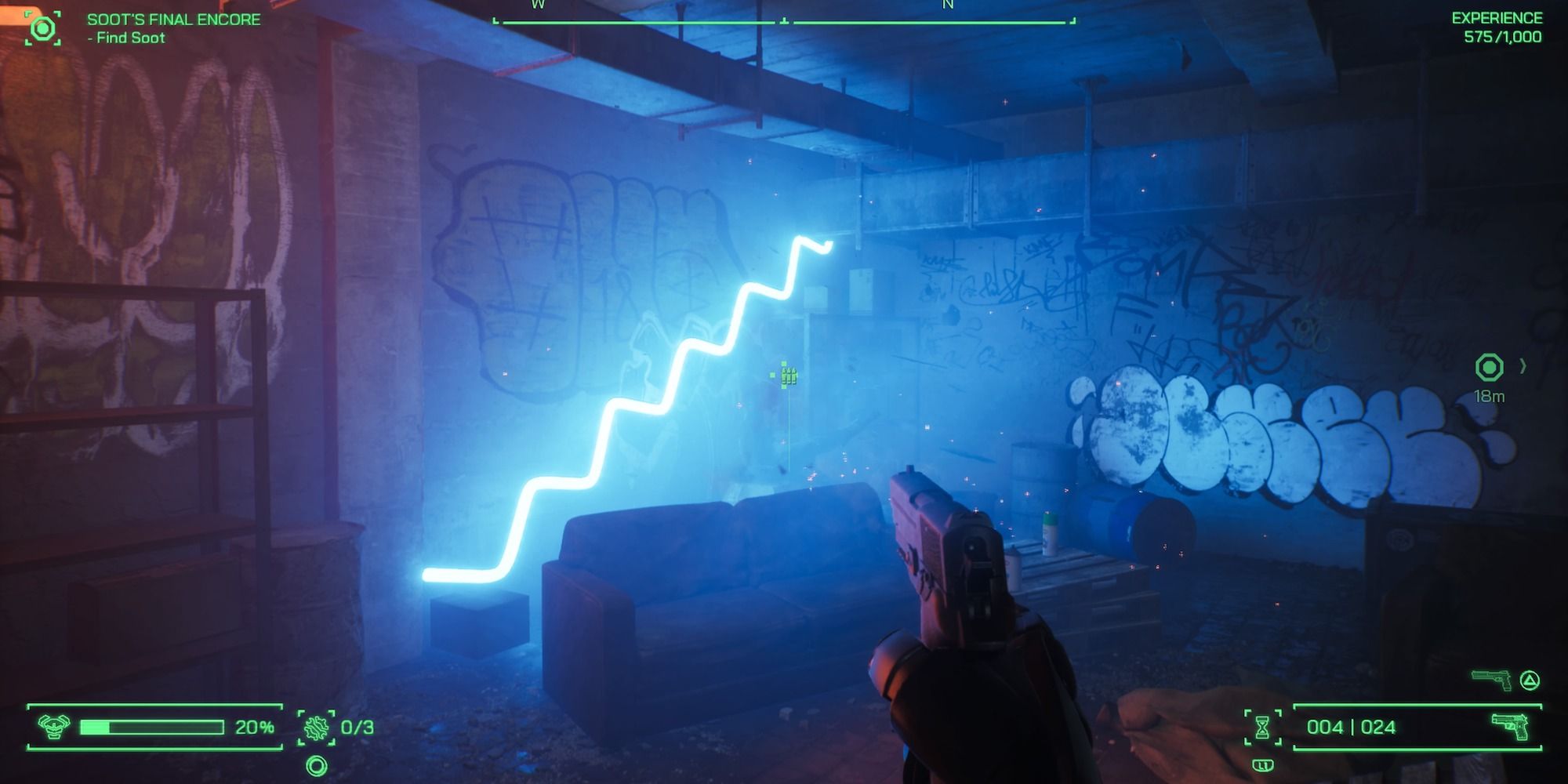 Aiming at a wall with a blue neon light