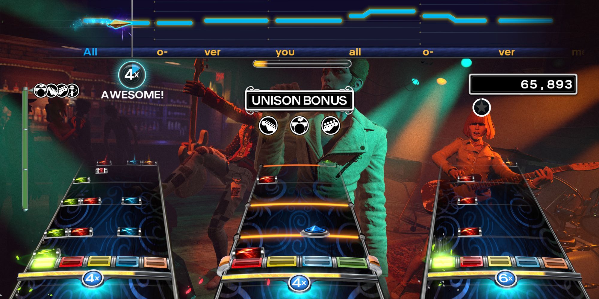 A Full Band in Rock Band 4, showing colorful guitarist, bassist, drummer, and singer note sequences.