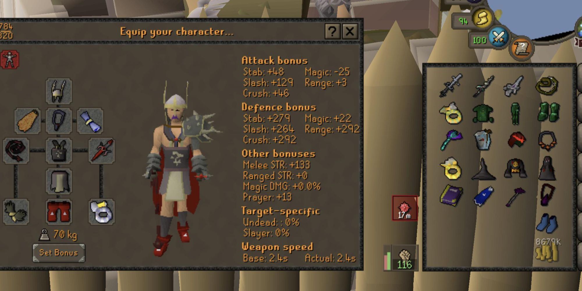 A character equipment screen showing combat bonuses in orange text.