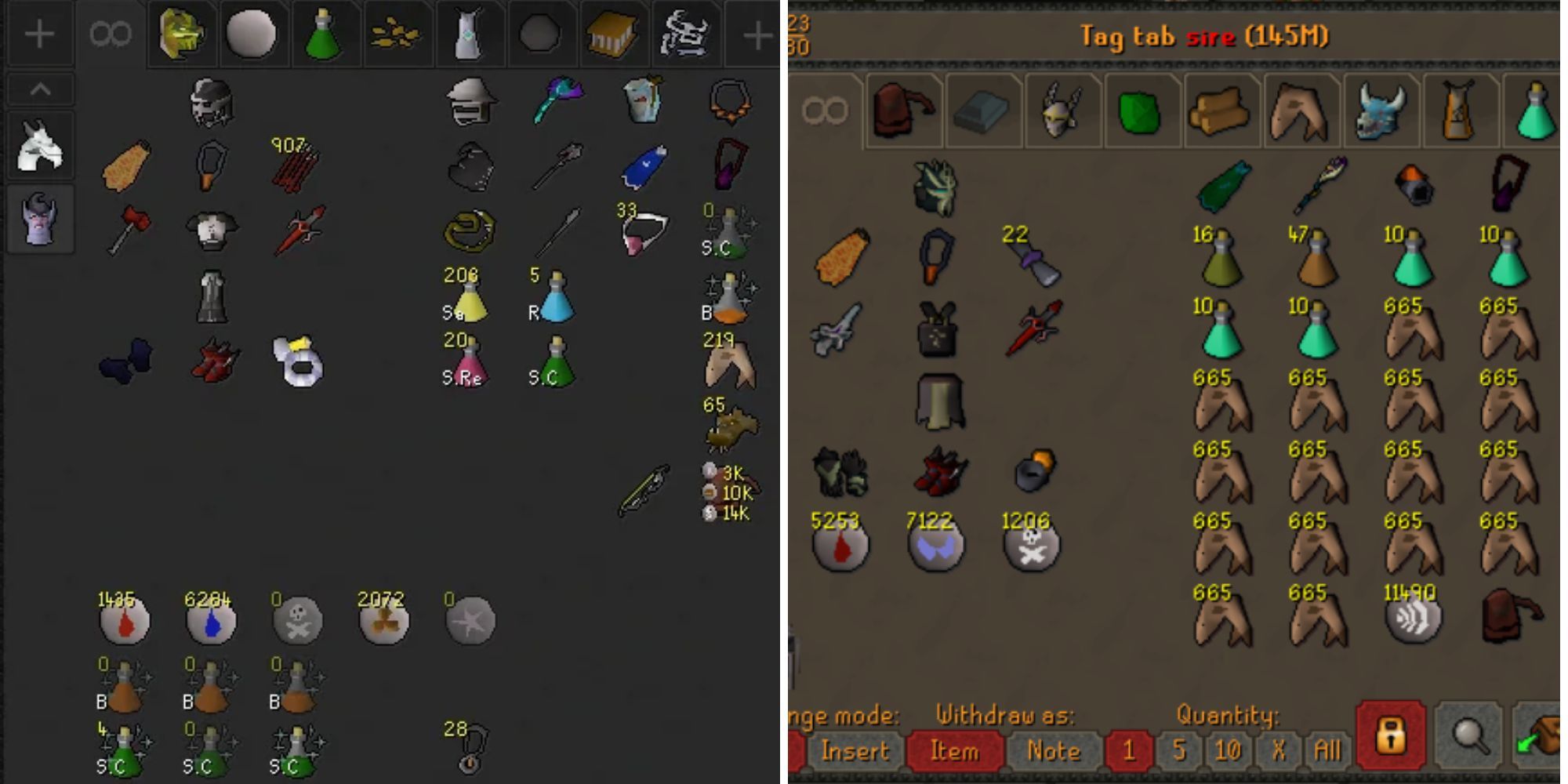 A split image of two different, custom organized bank tabs with potions, sharks, runes, and other gear.