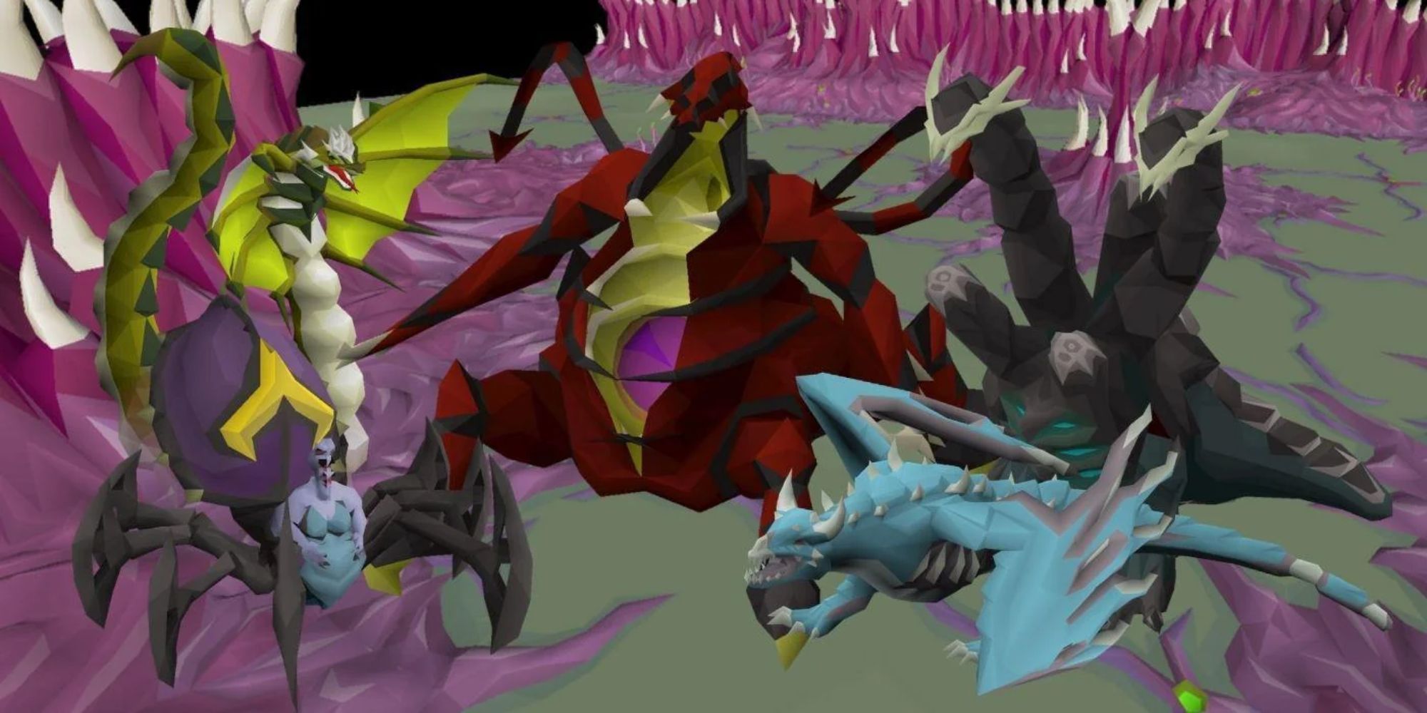 Various, brightly colored Runescape bosses, such as hydra, Zulrah, Vorkath, and others.