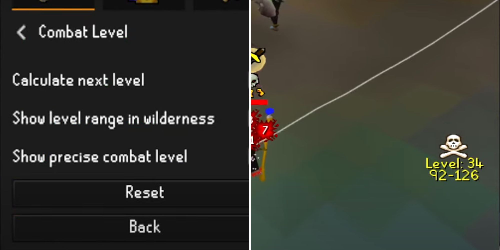 A split image of Runelite's Combat Level plugin UI, and an area of the wilderness with yellow text stating wilderness level and player level range.