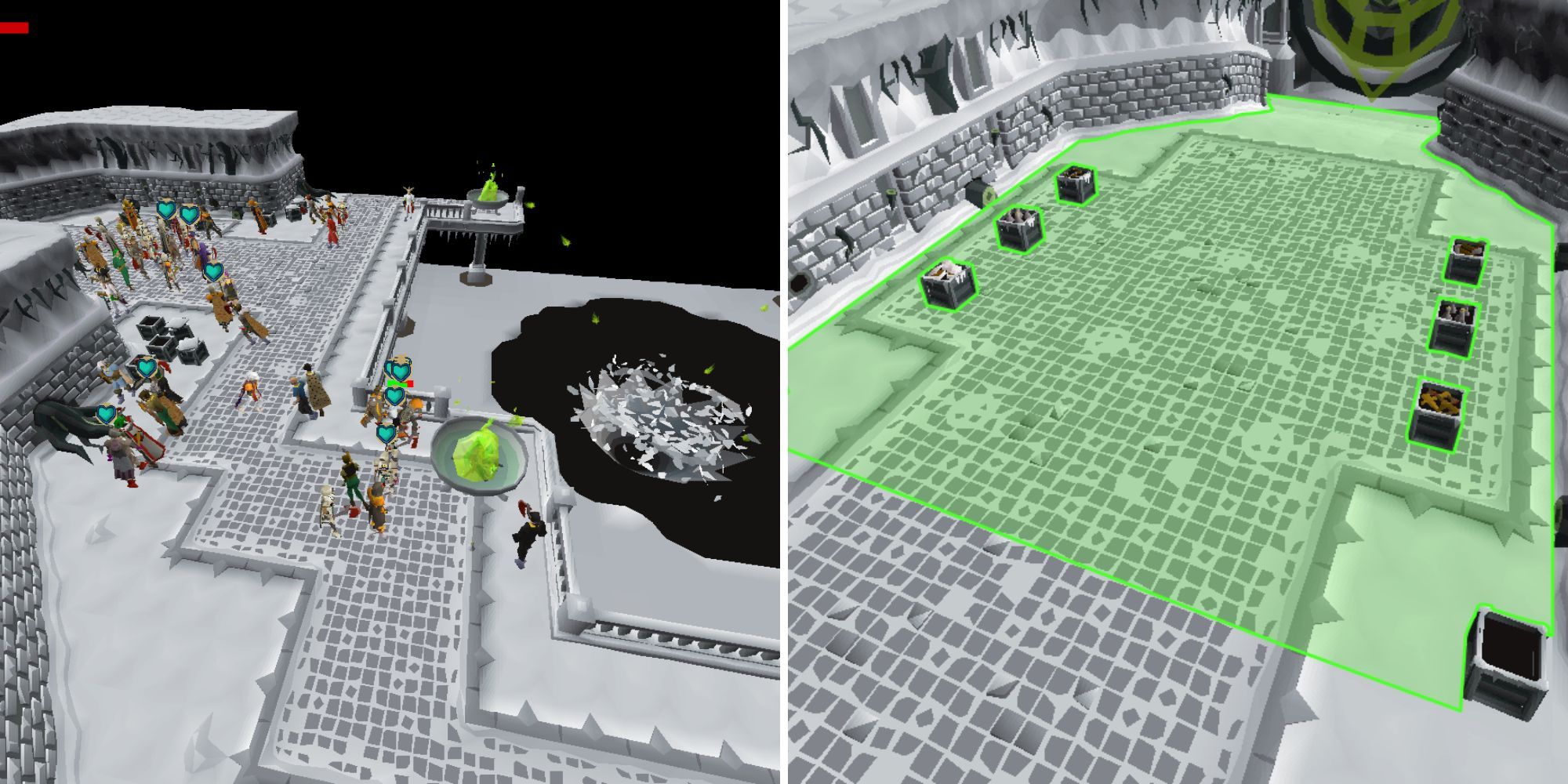 A split image showing dozens of players in the Wintertodt area, and an empty safe zone in Wintertodt.