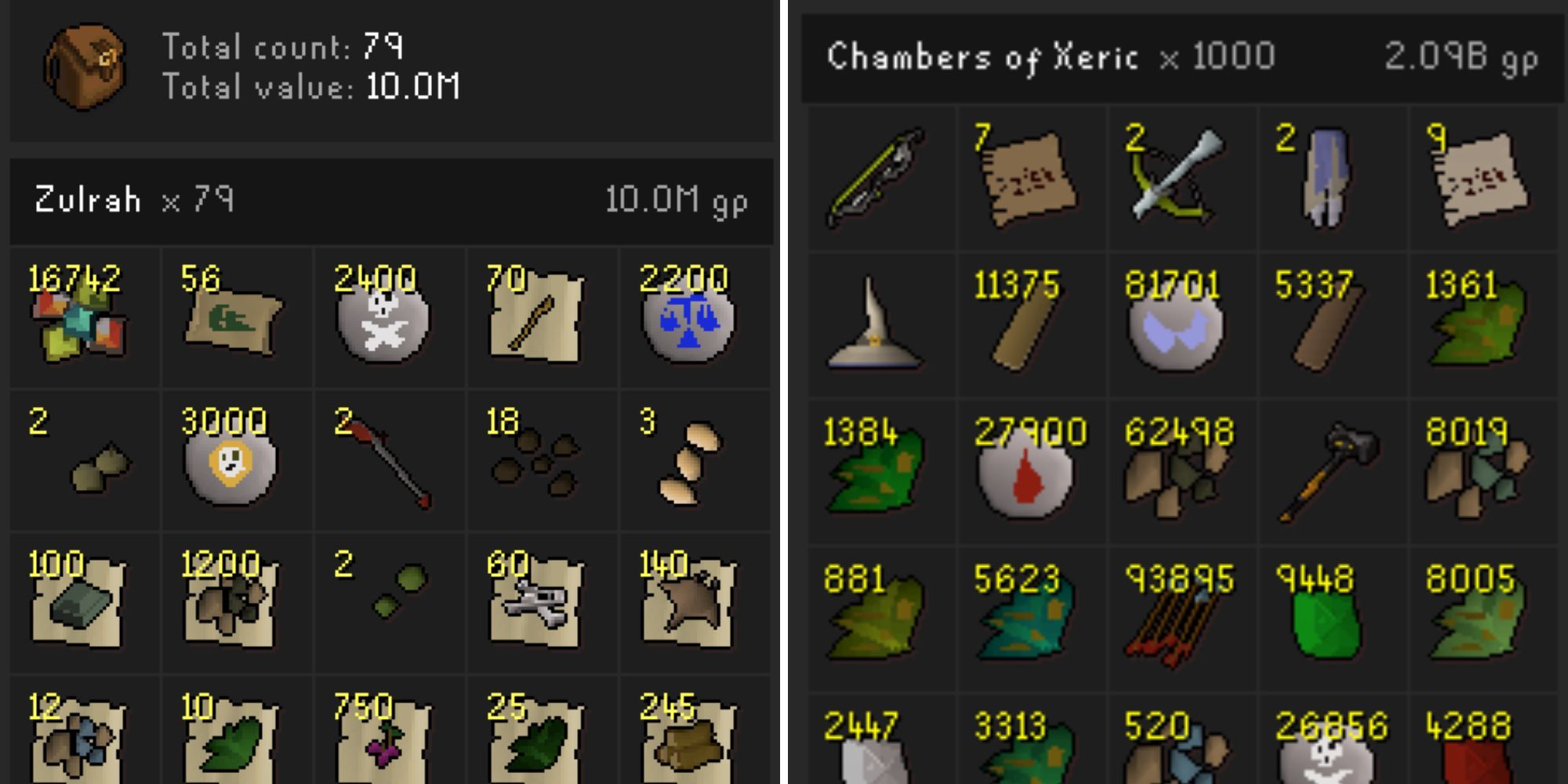 A split image showing the cumulative loot of multiple zulrah and Chambers of Xeric runs, respectively.