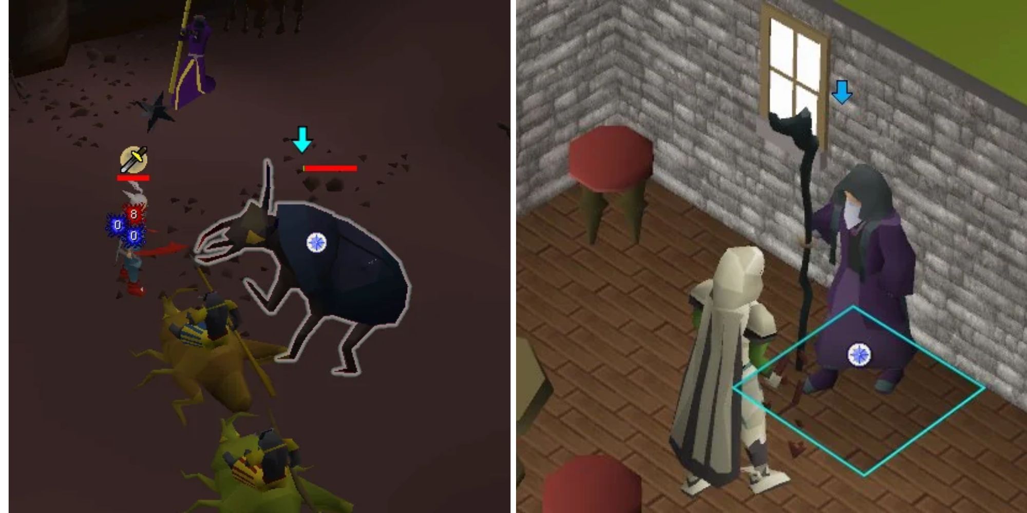 A split image of two different quests being completed, with the left showing an enemy that needs to be slain, and the right showing an NPC that needs to be talked to.