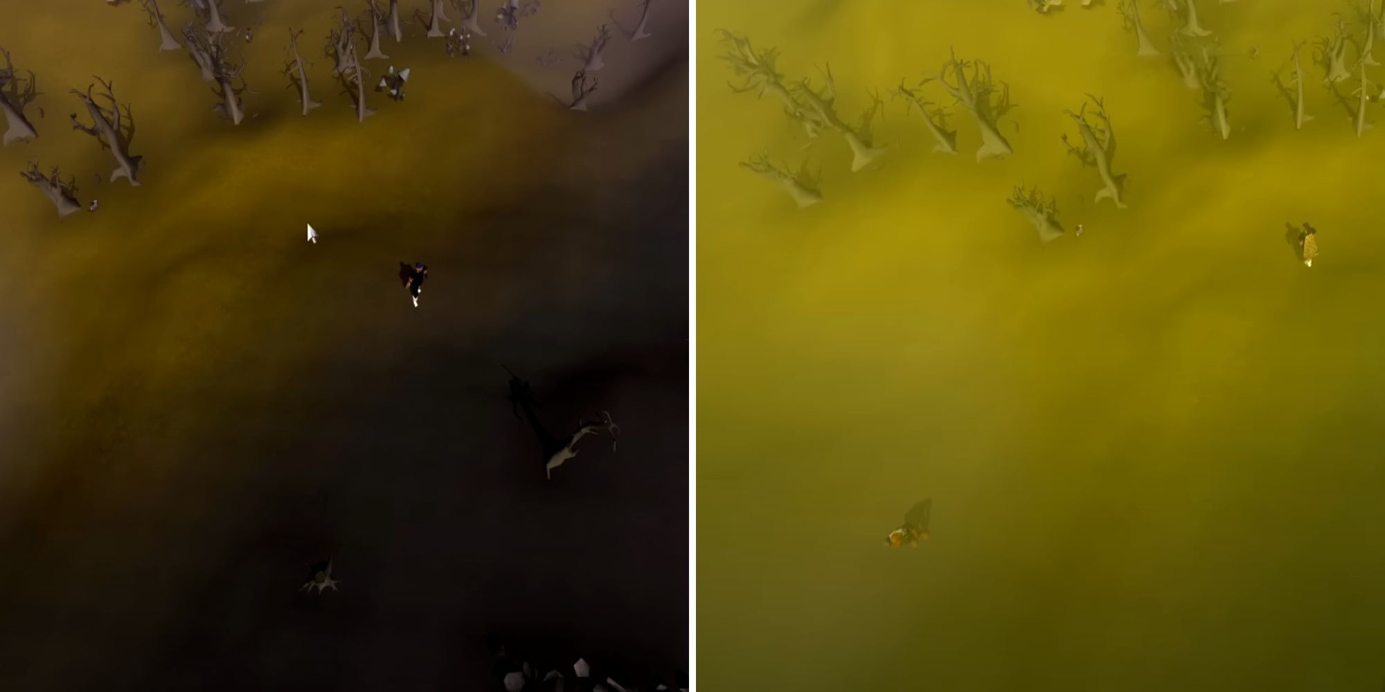 A split image of the same player in the wilderness, with one flashing bright yellow indicating that another player is nearby.