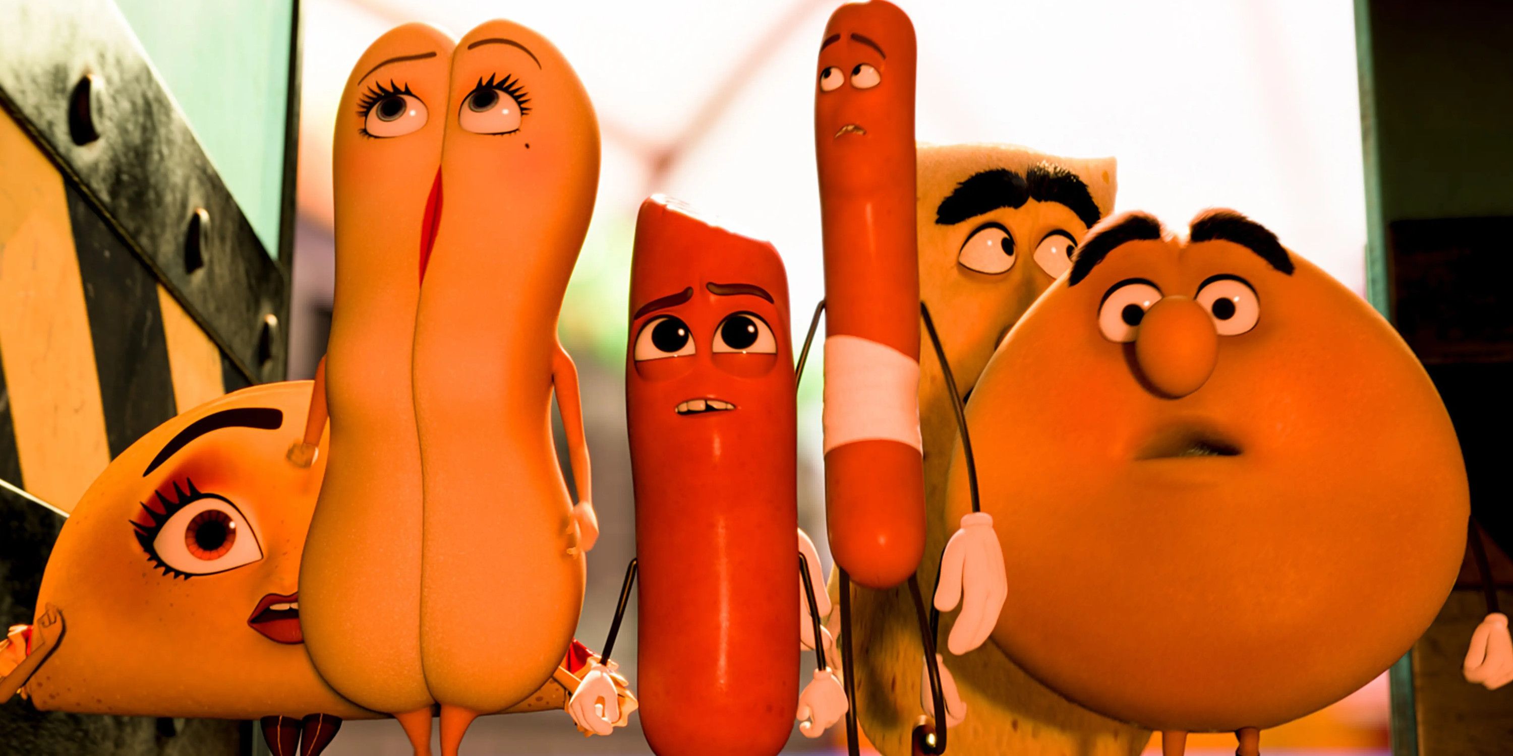 A group of anthropomorphized cartoon food items looks on in confusion