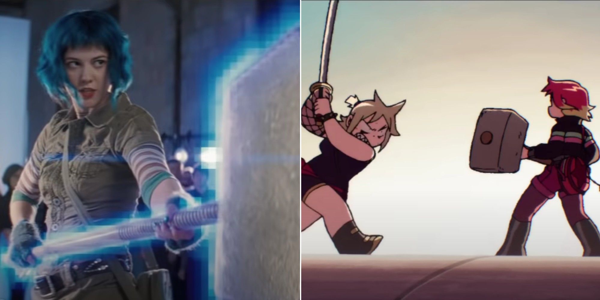 Scott Pilgrim Collage showing ramona with her hammer in the live action movie and in the netflix show