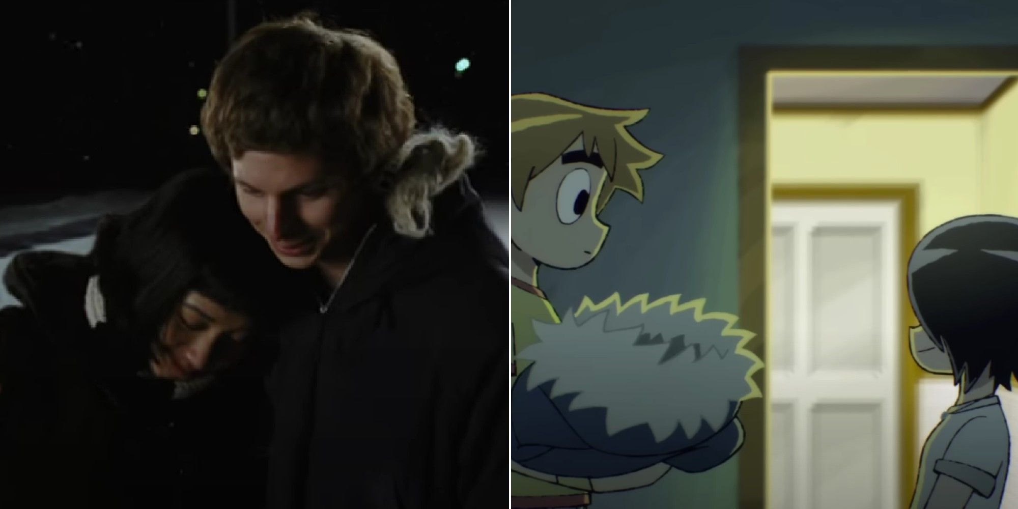 Scott Pilgrim Collage showing Scott and Knives in the live action movie and in the netflix show