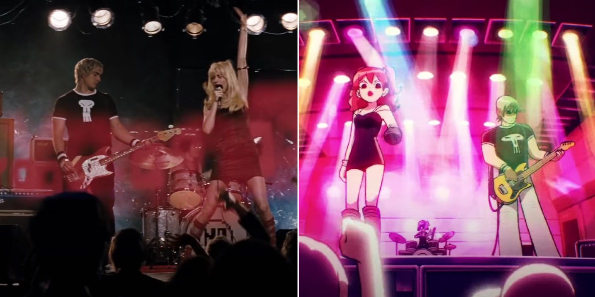 Scott Pilgrim Collage showing the band clash at demonhead in the live actions movie and in the netflix show