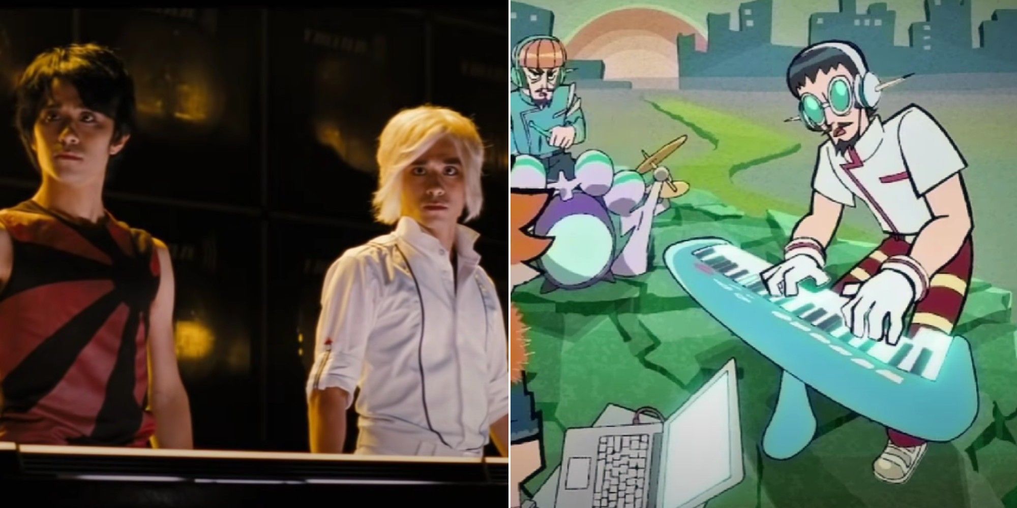 Scott Pilgrim Collage showing the twins in the live actions movie and in the netflix show