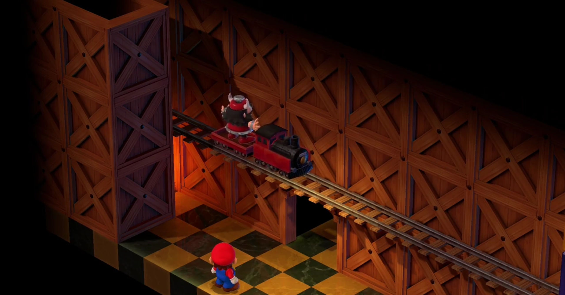 Booster riding a train in Super Mario RPG.