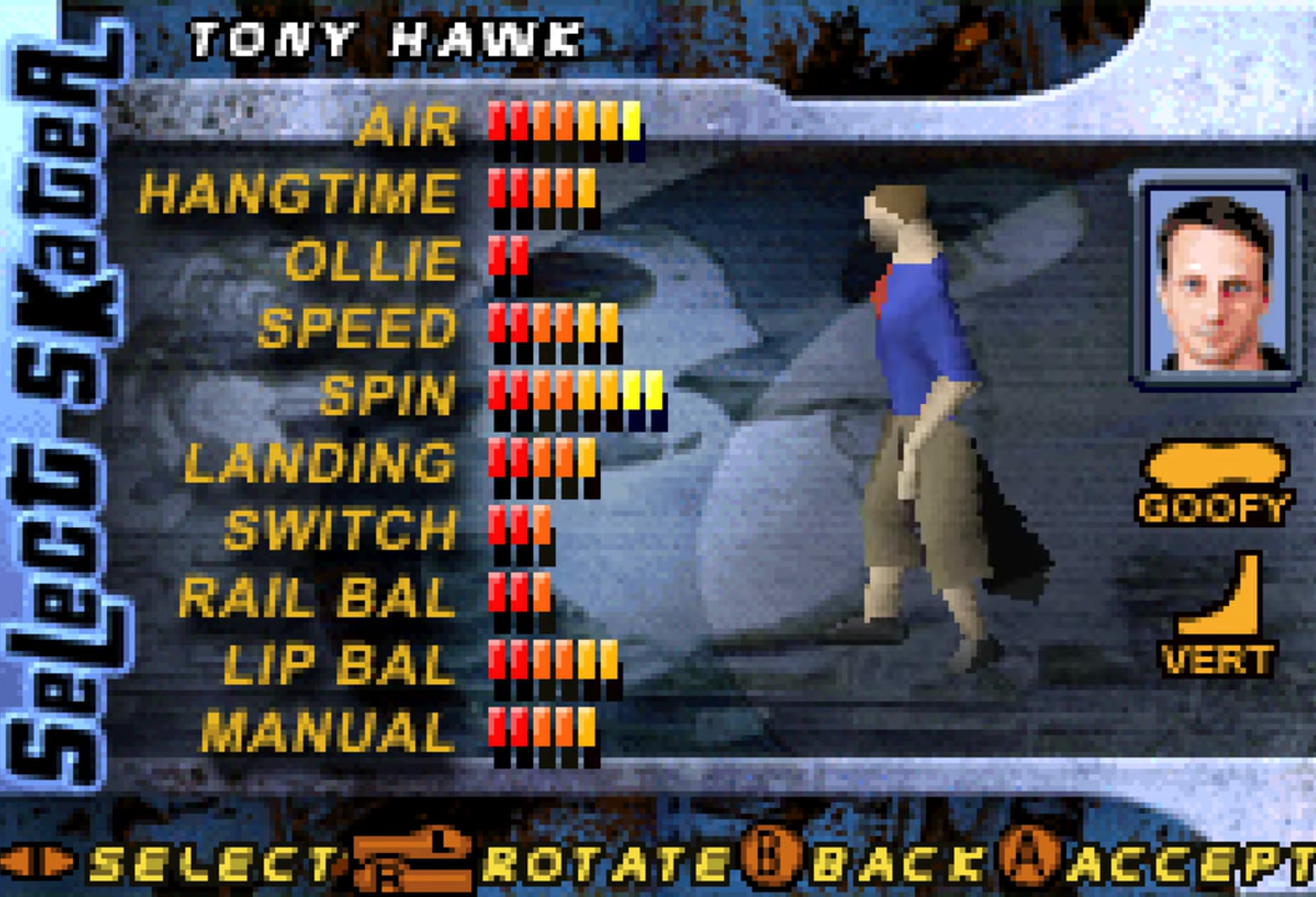 Tony Hawk on the select screen of Tony Hawk's Pro Skater 2 on the Game Boy Advance.