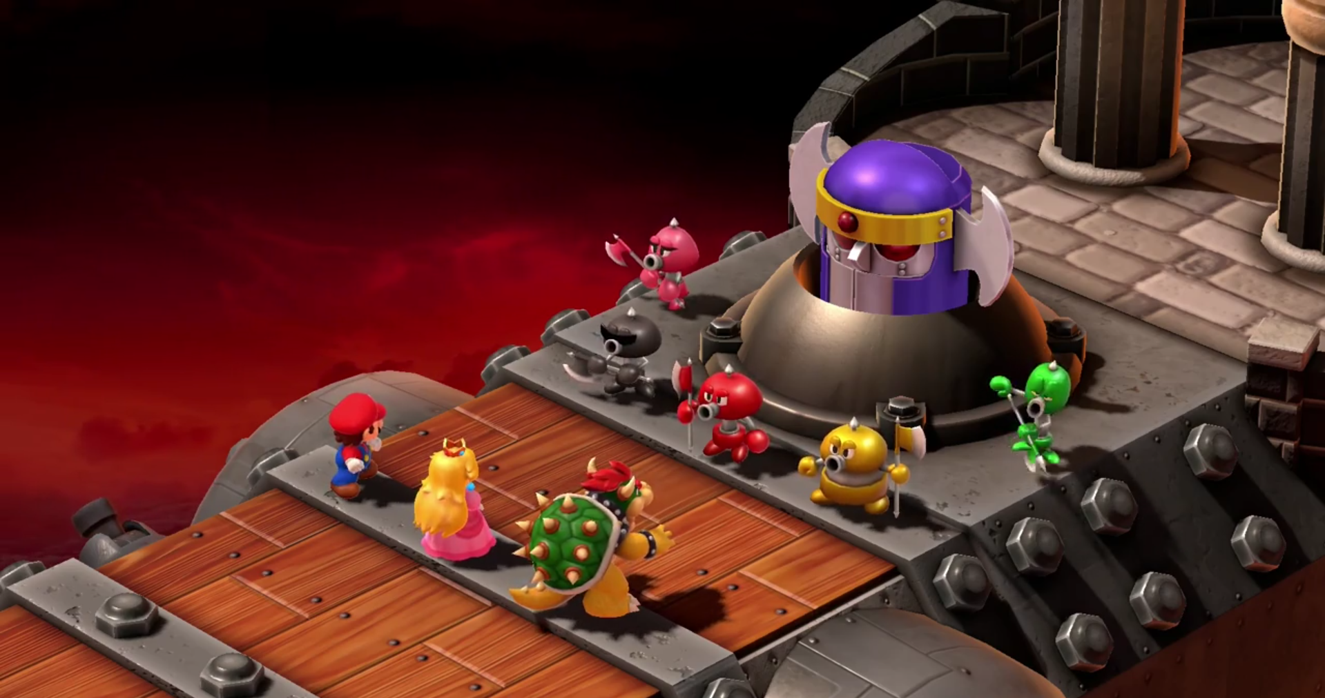 Mario, Bowser, and Peach taking on the Axem Rangers in Super Mario RPG.