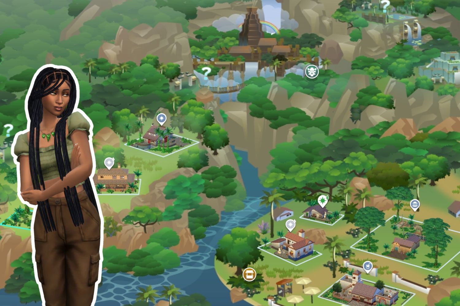 In an earth-toned outfit, the feminine Sim calmly looks at a map of Selvadorada