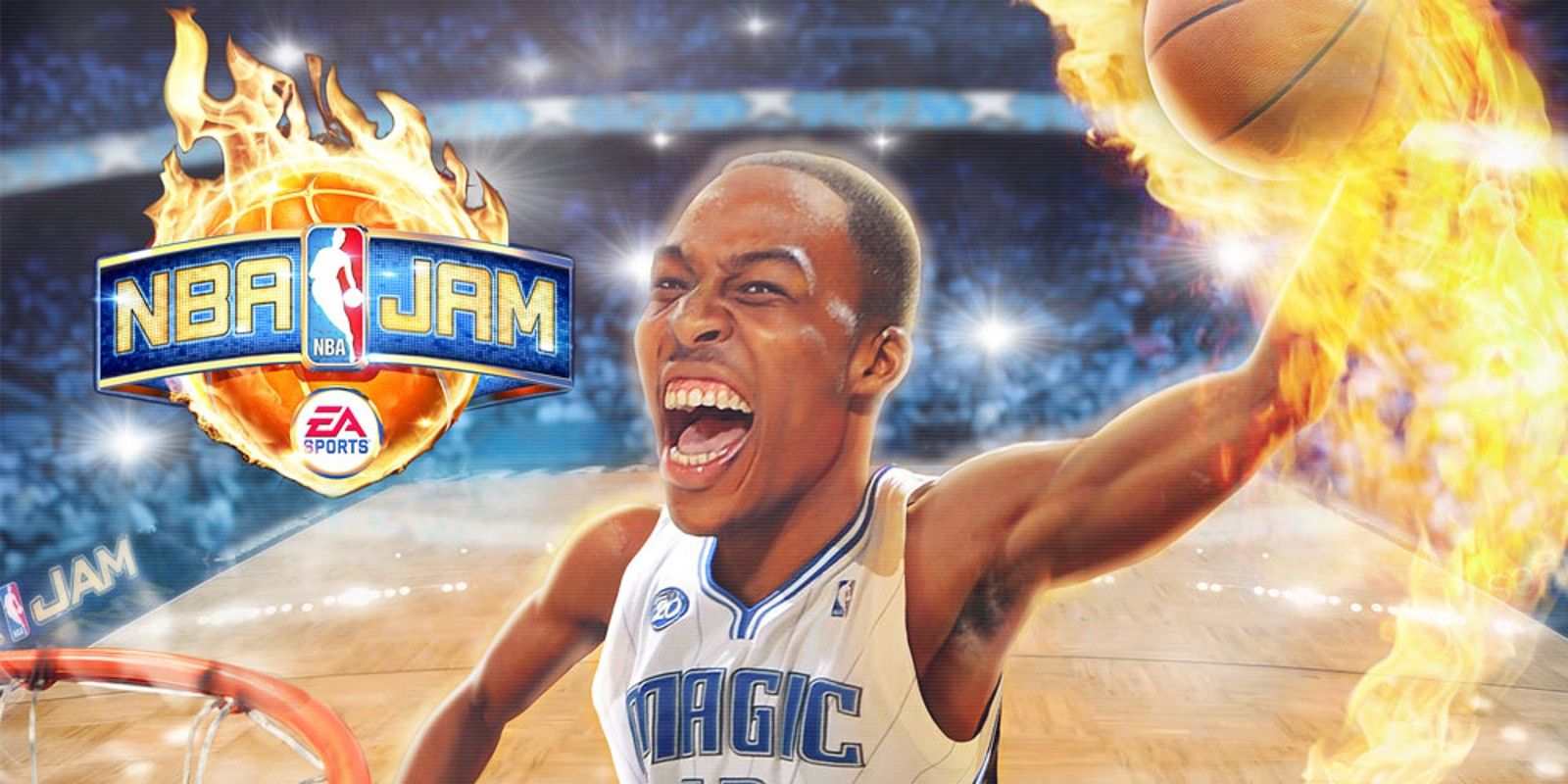 NBA Jam Wii, a player dunks a flaming basketball next to the NBA Jam logo