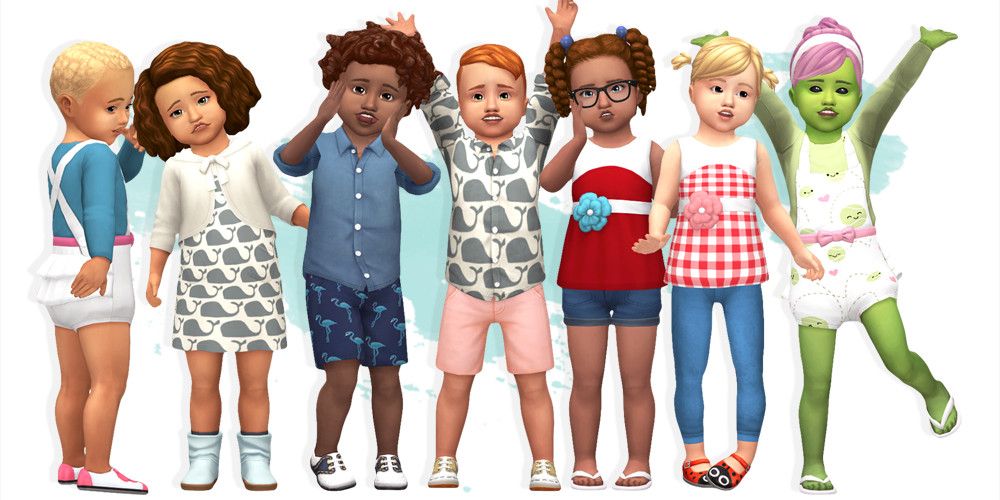 A group of Sim toddlers wearing stylish attire